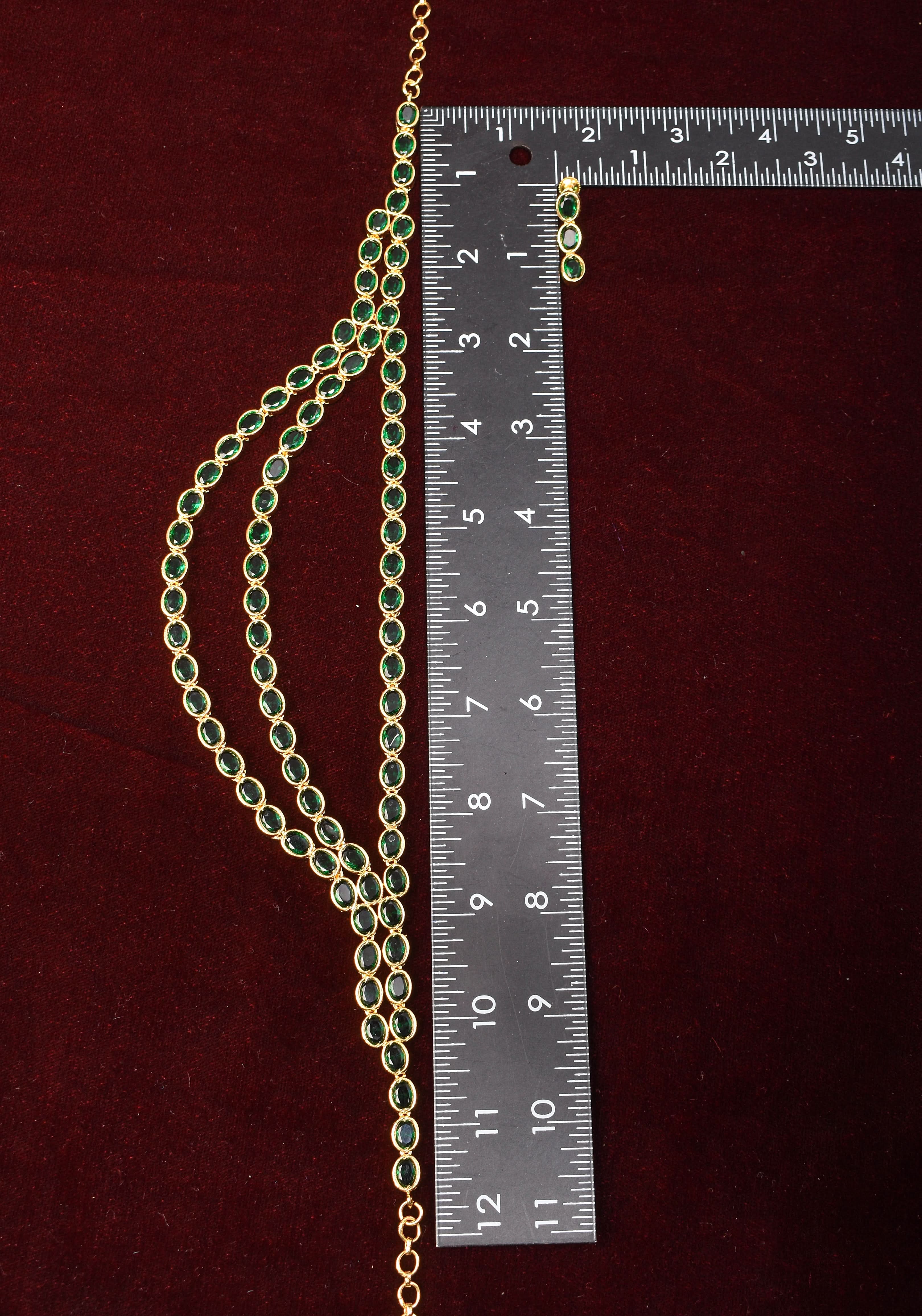 Green Stone Necklace with 3 strands of oval stones and matching earrings | SHOBITAM