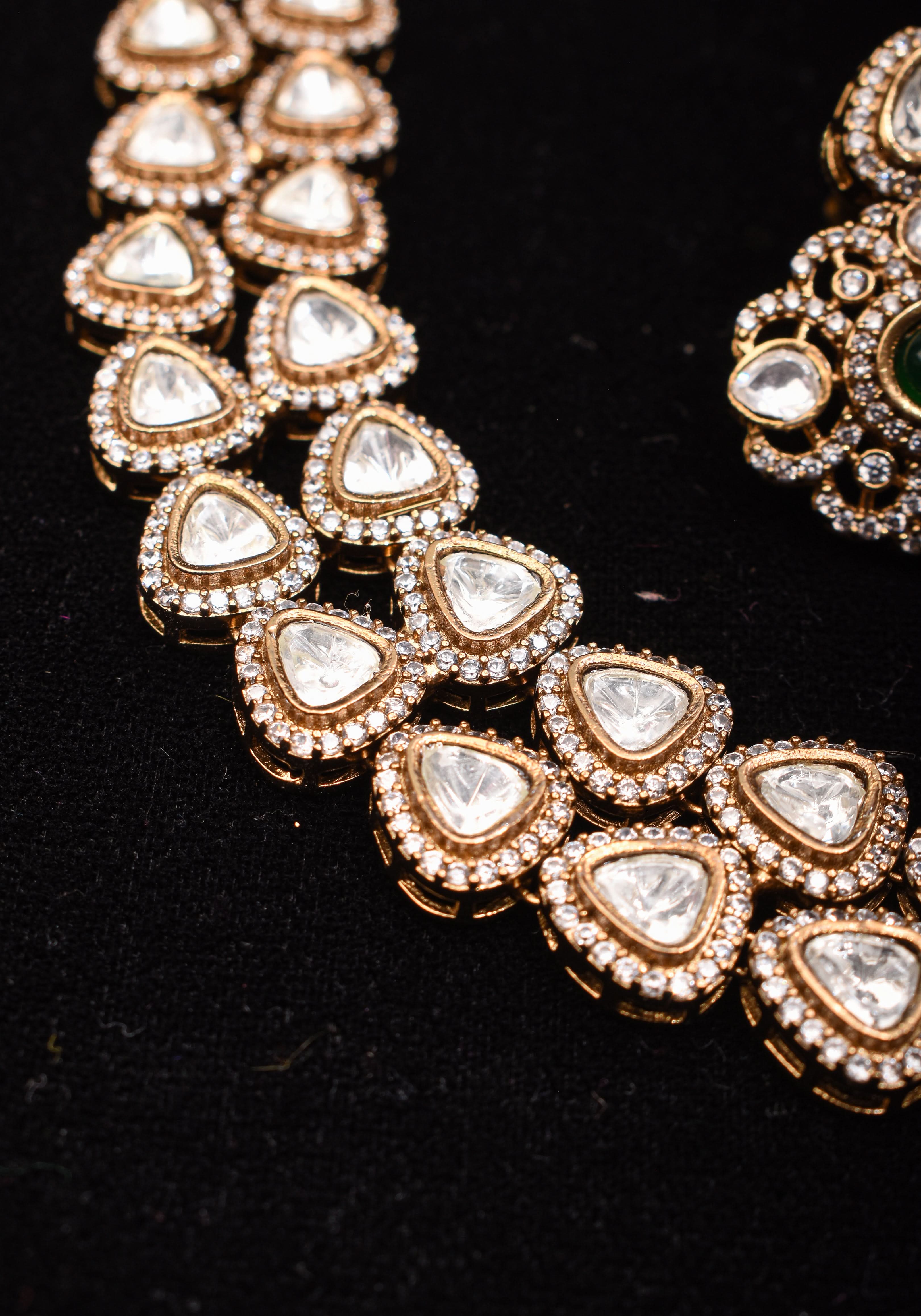 Classic Double layered Victorian Finish necklace set Stone Studded with White and Green Stones | Shobitam jewelry
