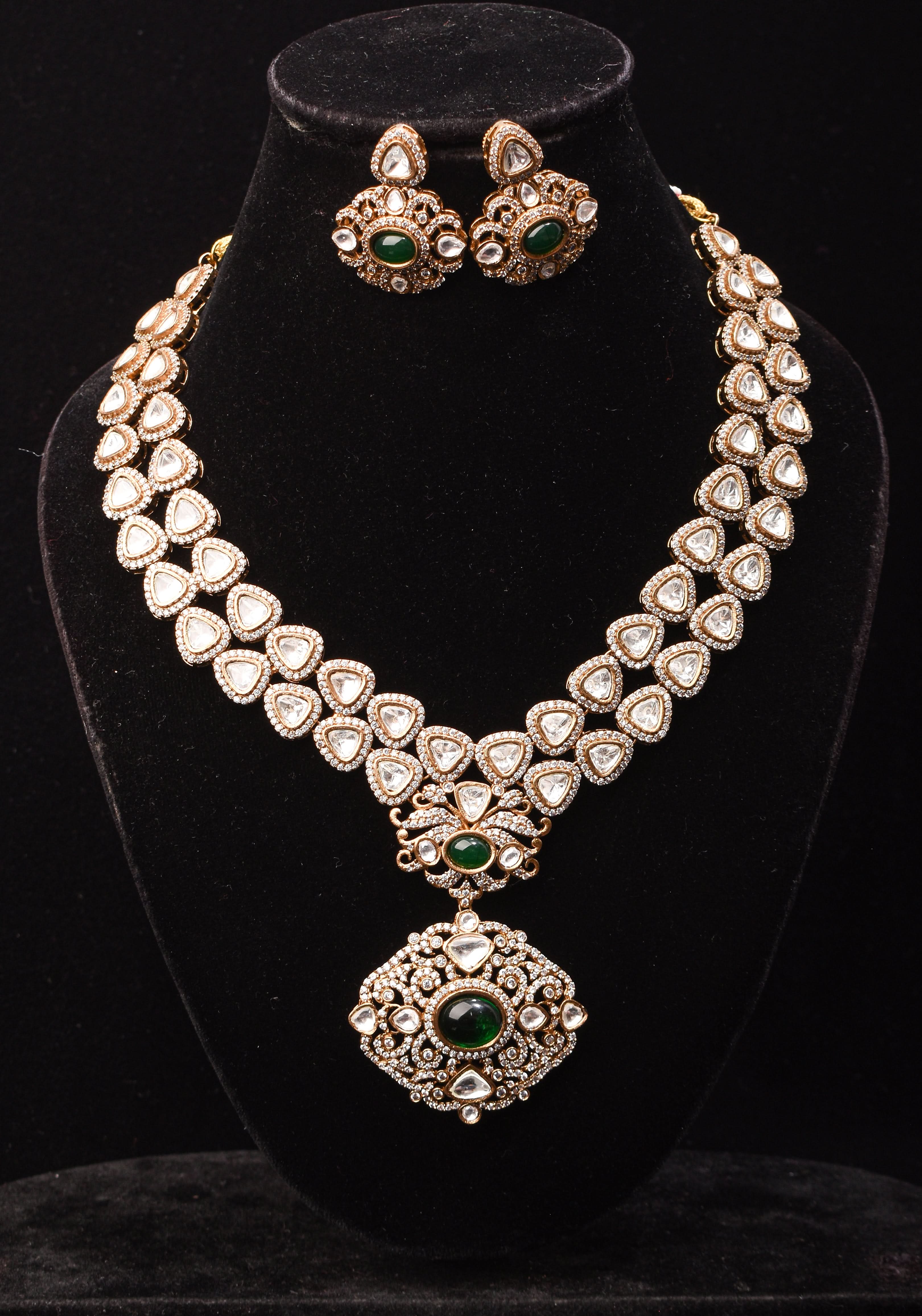 Classic Double layered Victorian Finish necklace set Stone Studded with White and Green Stones | Shobitam jewelry