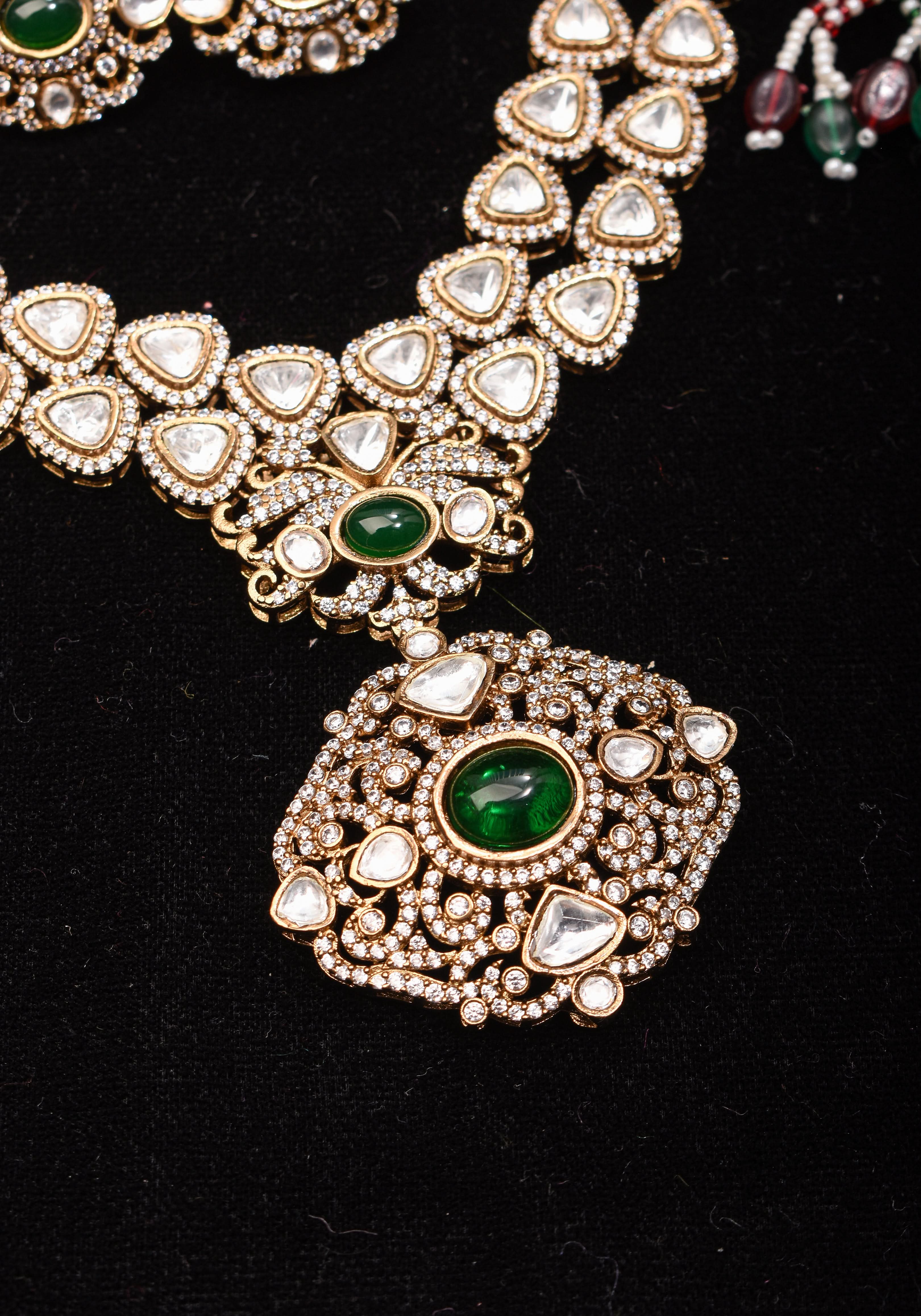 Classic Double layered Victorian Finish necklace set Stone Studded with White and Green Stones | Shobitam jewelry