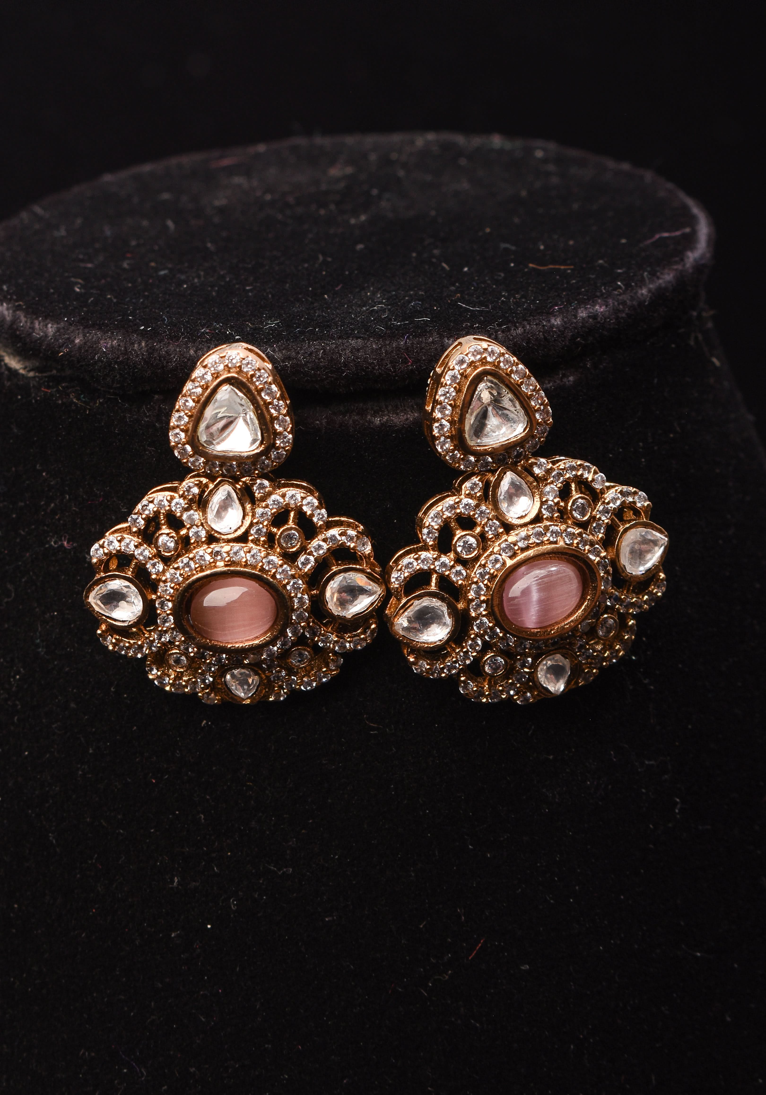 Classic Double layered Victorian Finish necklace set Stone Studded with White and Pink Stones | Shobitam jewelry