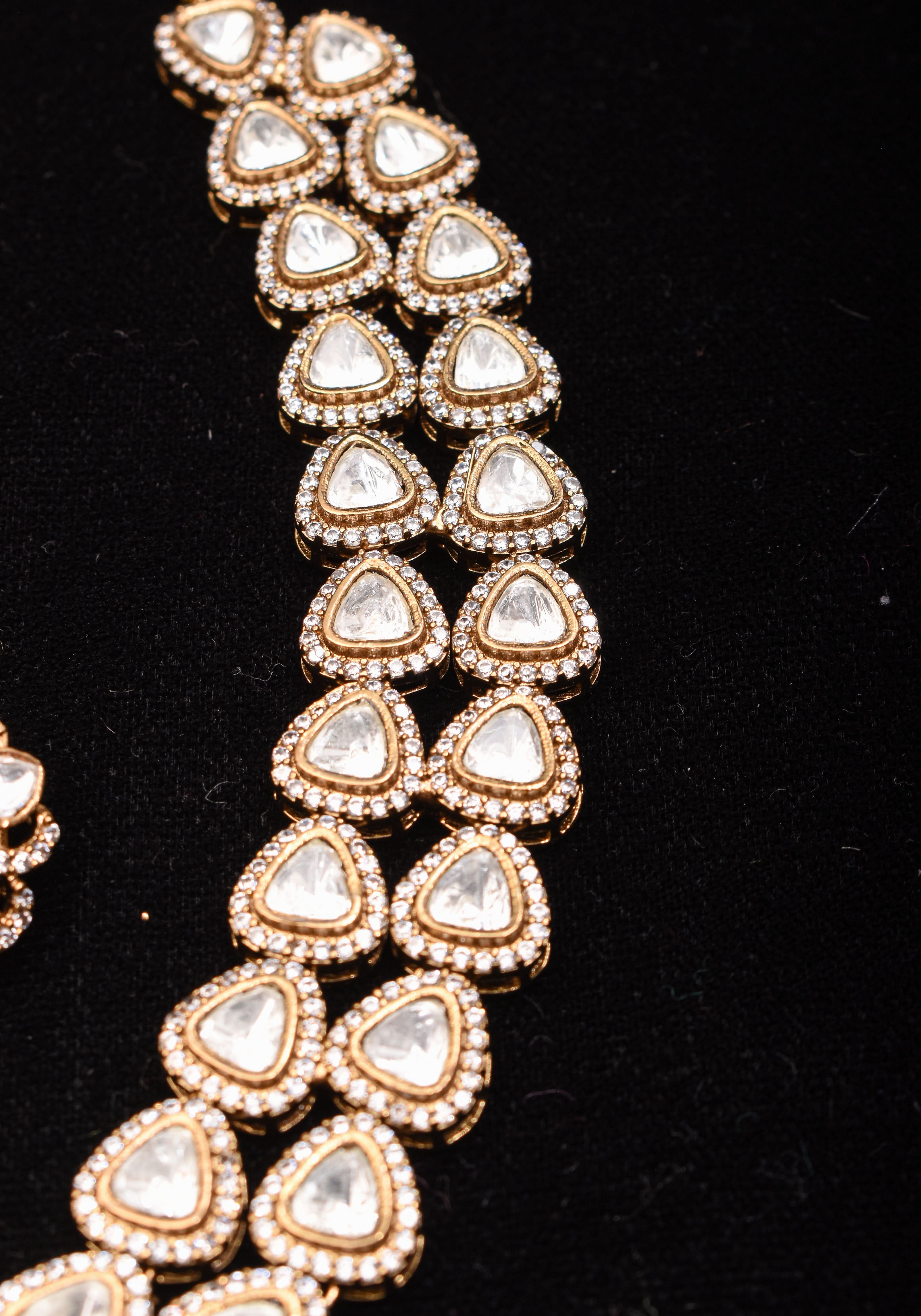 Classic Double layered Victorian Finish necklace set Stone Studded with White and Pink Stones | Shobitam jewelry
