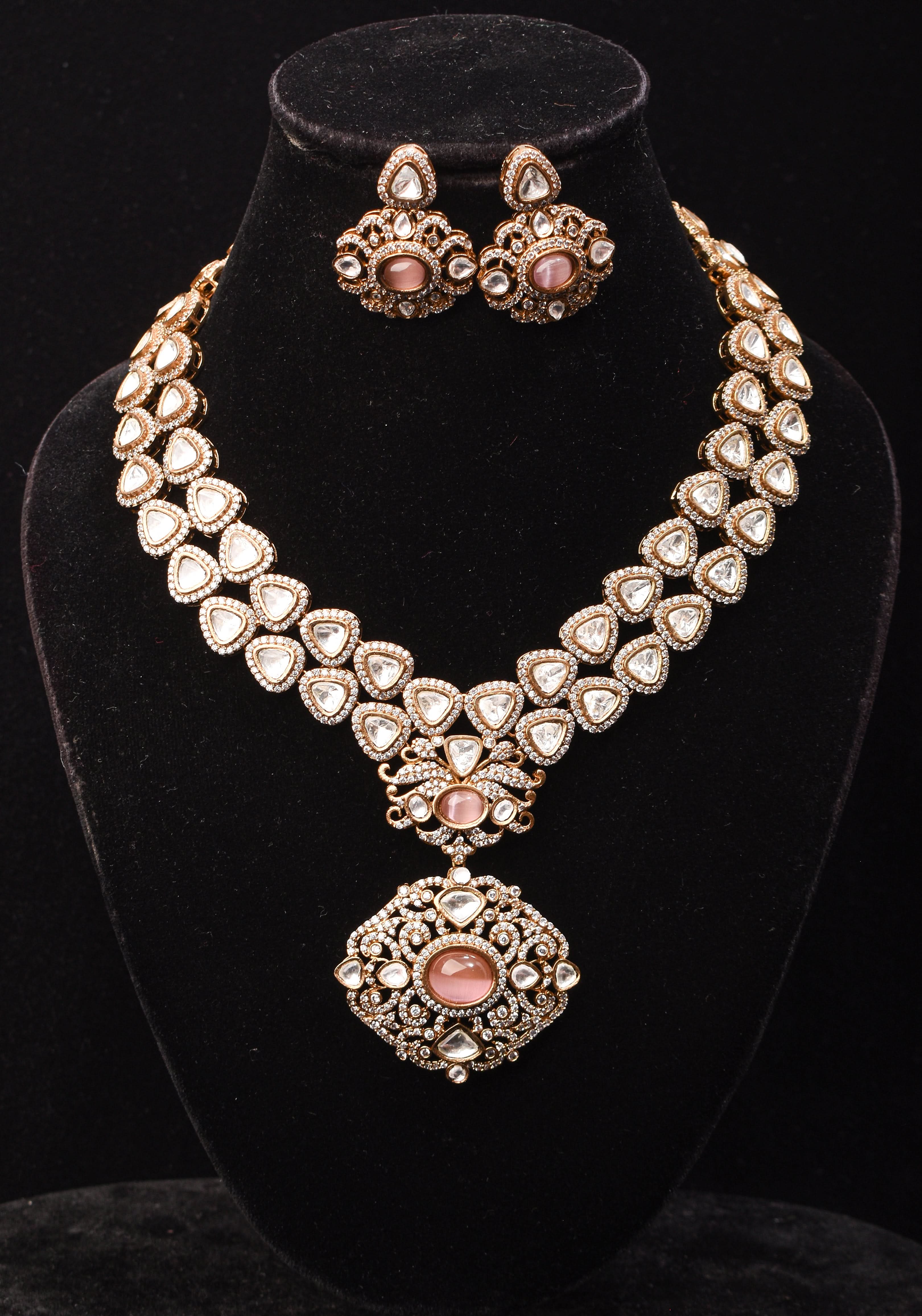 Classic Double layered Victorian Finish necklace set Stone Studded with White and Pink Stones | Shobitam jewelry