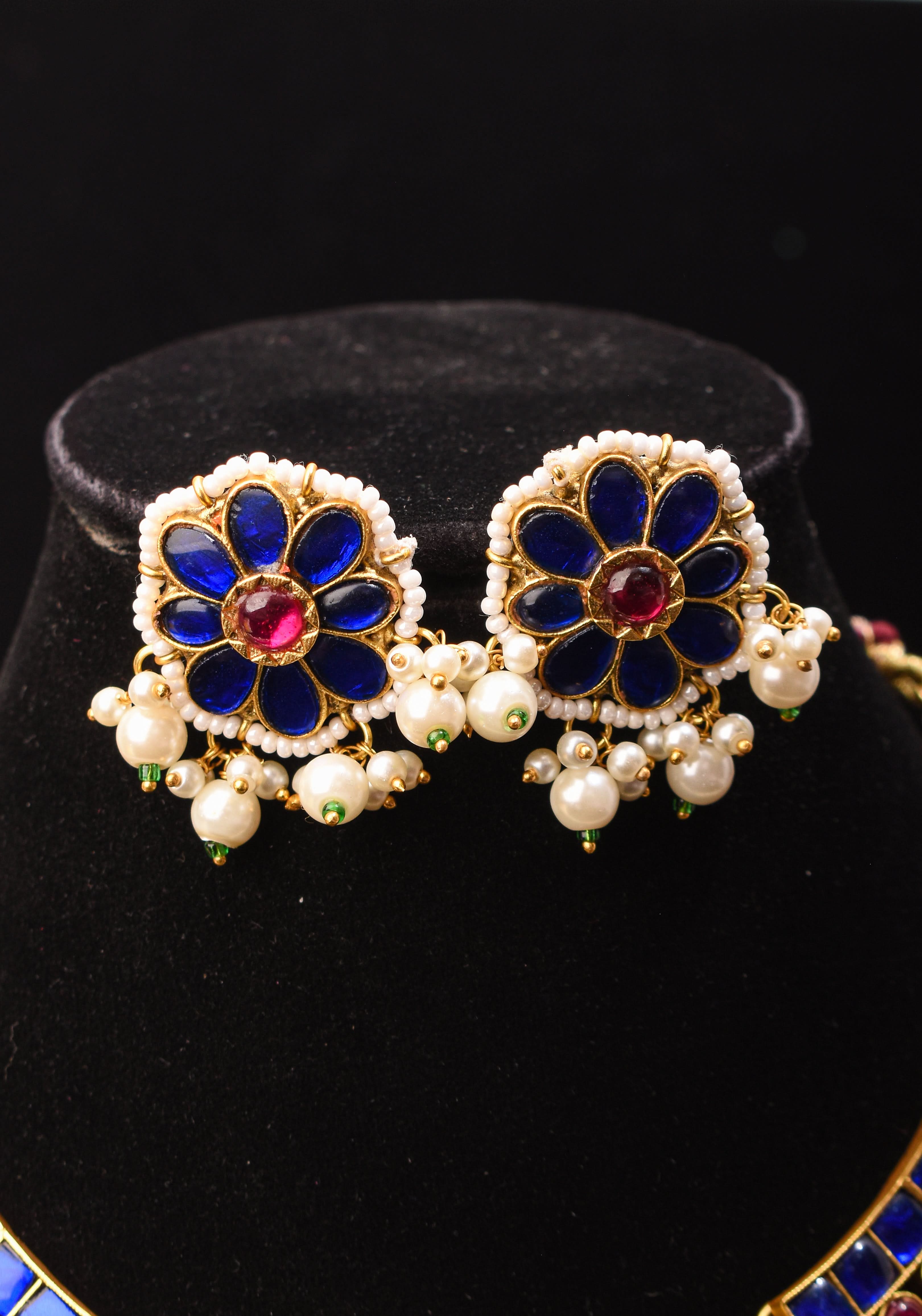 Blue and Pink Stone Jadau Necklace and Earring Set | SHOBITAM