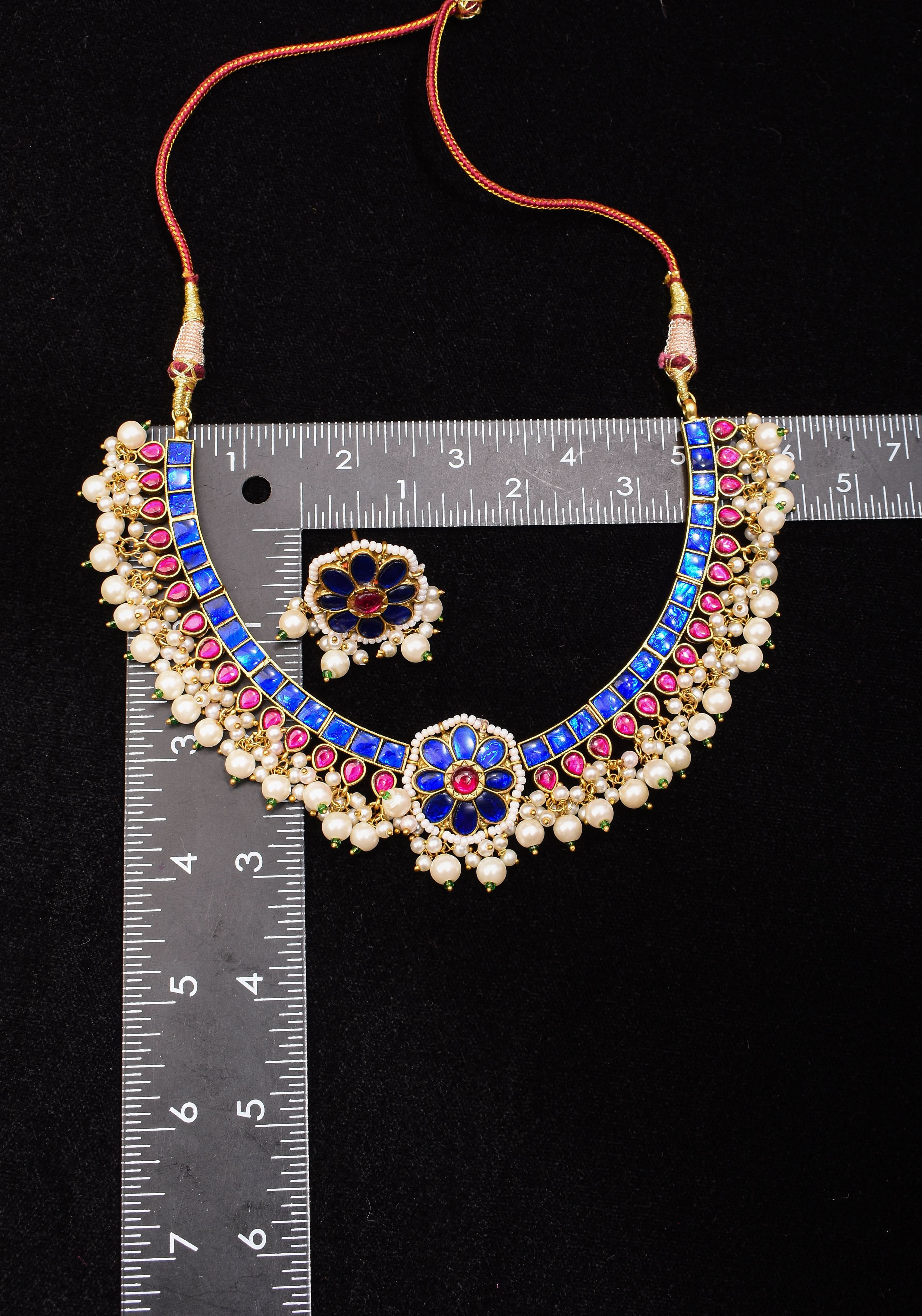 Blue and Pink Stone Jadau Necklace and Earring Set | SHOBITAM