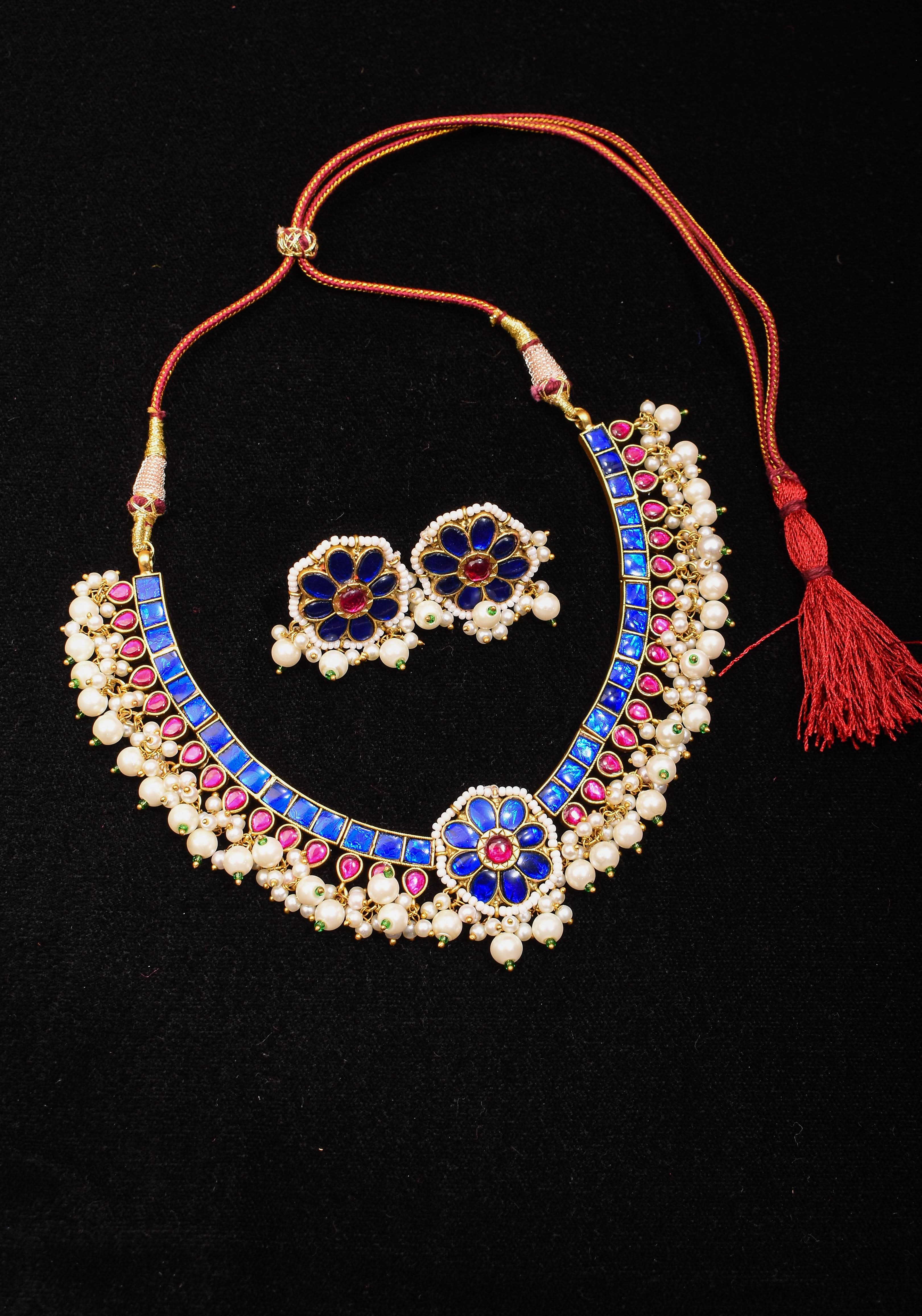 Blue and Pink Stone Jadau Necklace and Earring Set | SHOBITAM