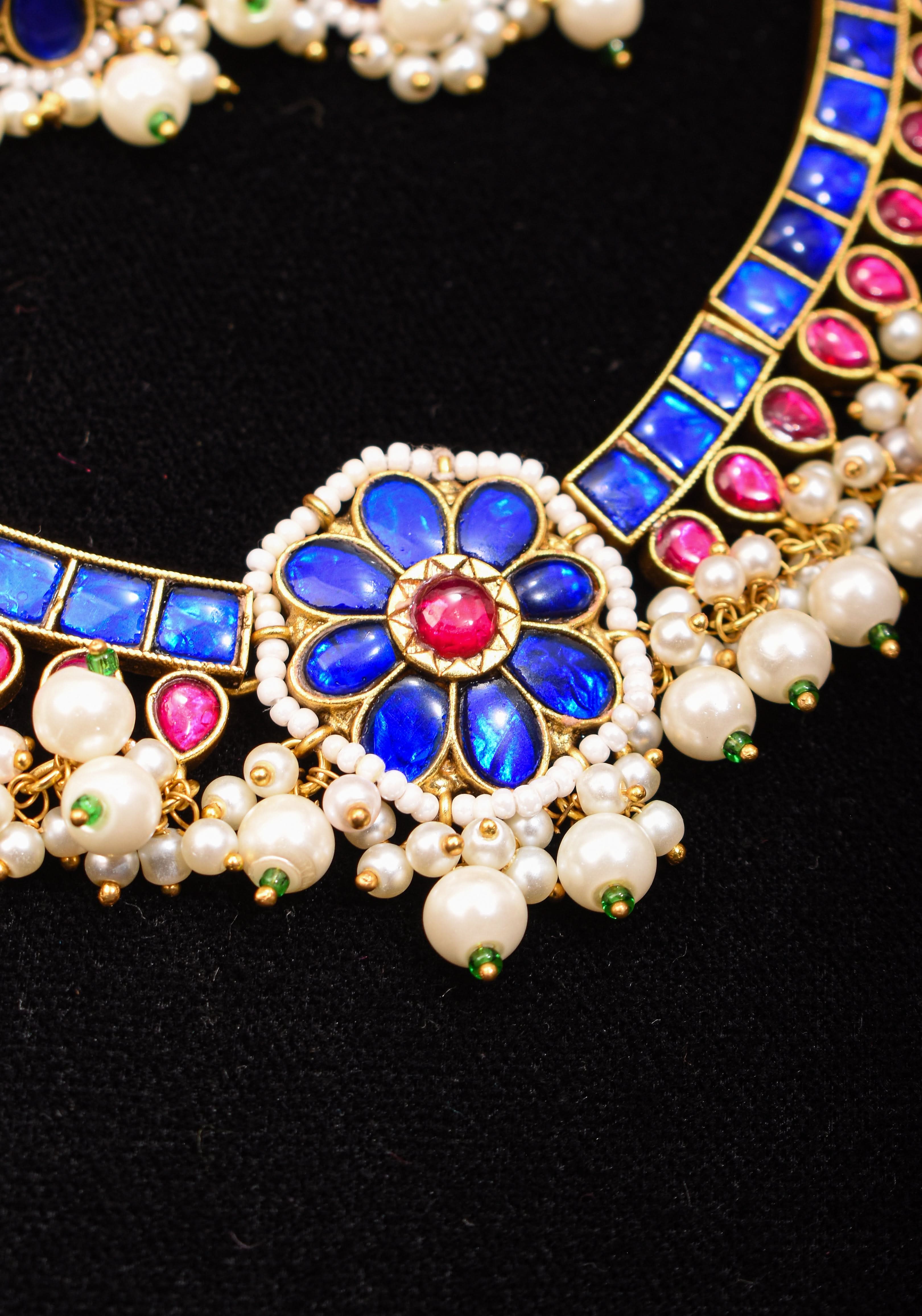Blue and Pink Stone Jadau Necklace and Earring Set | SHOBITAM