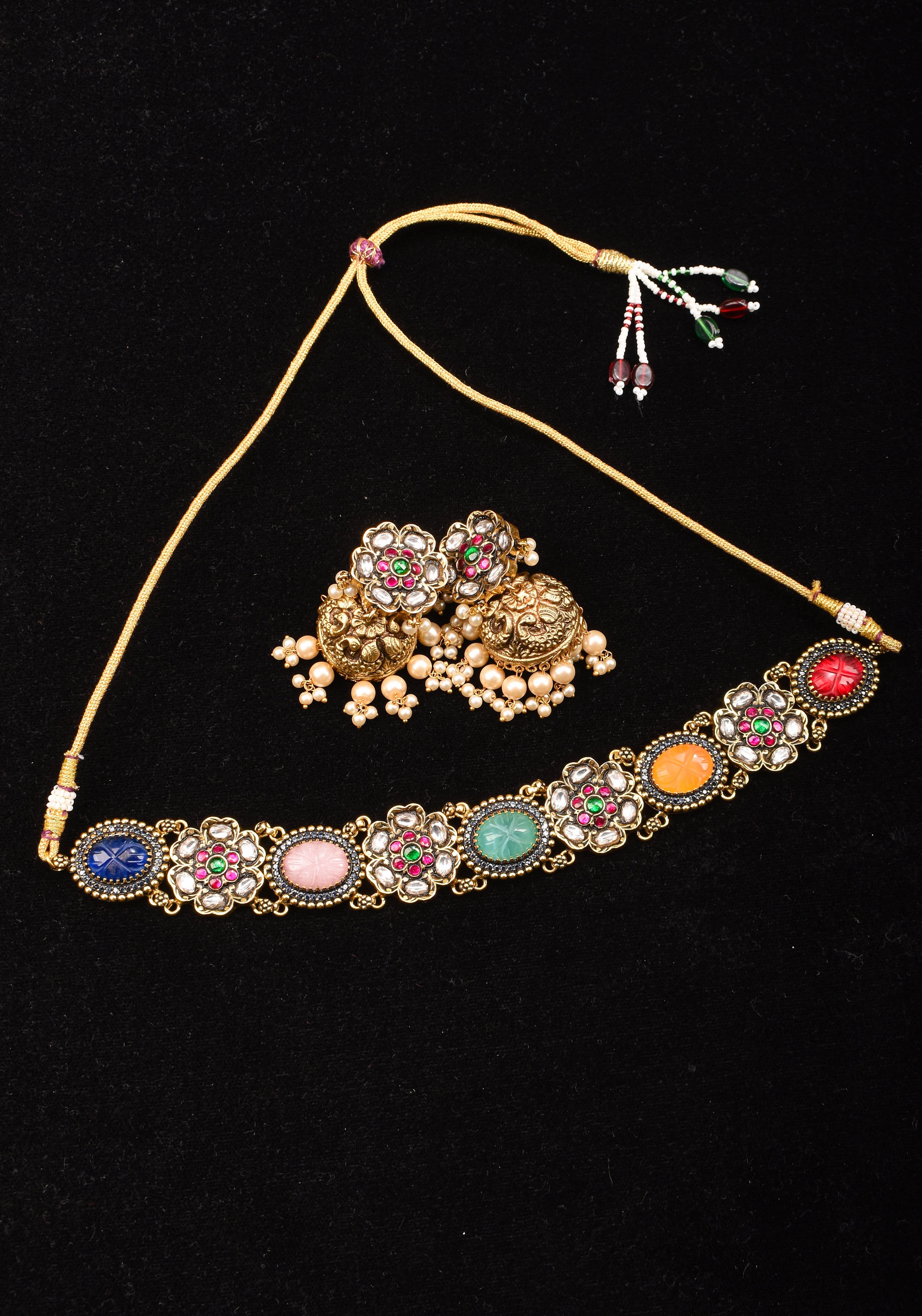 Multicolor Stones Contemporary Choker Set with Jhumka Earrings| Shobitam Jewelry