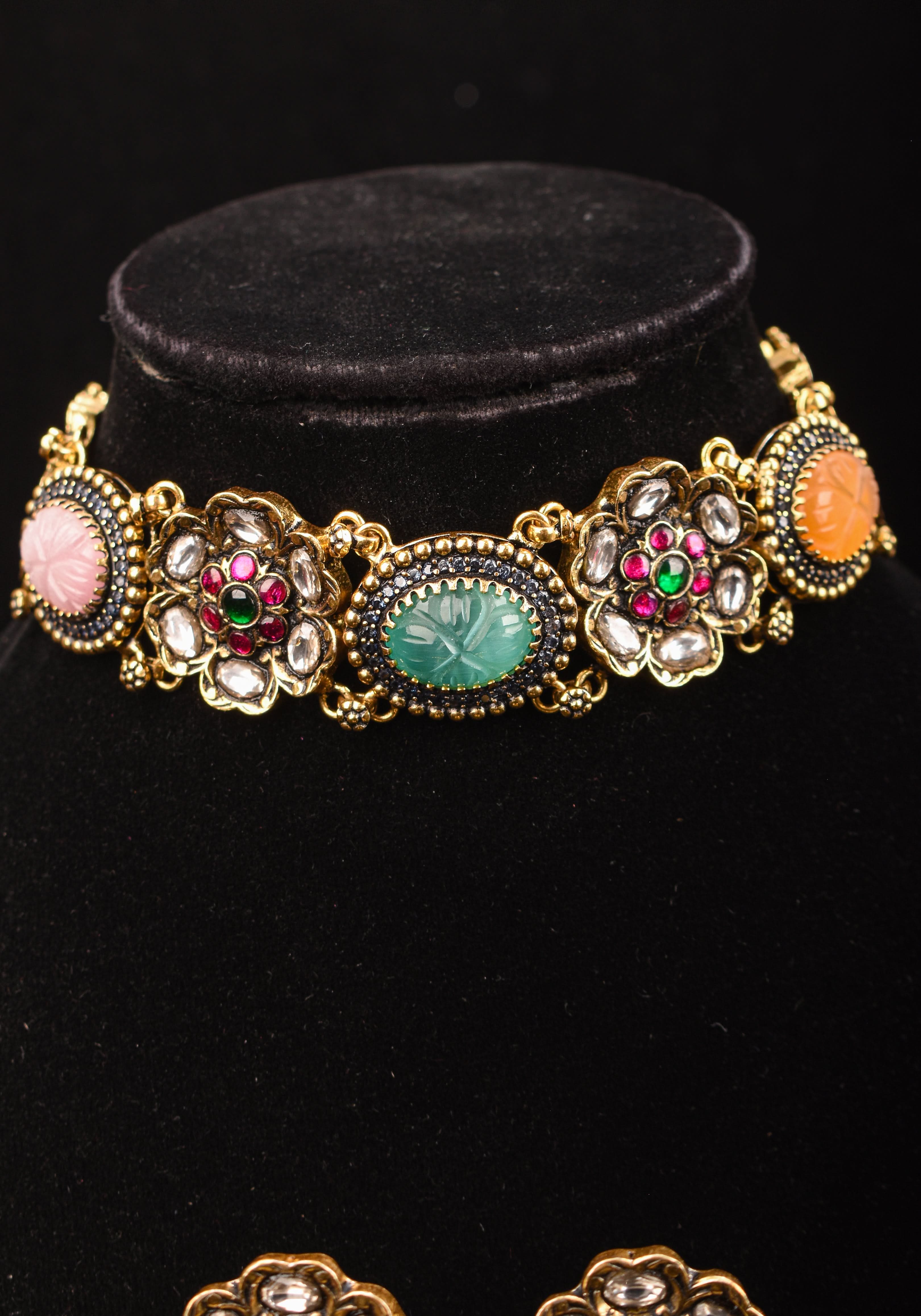 Multicolor Stones Contemporary Choker Set with Jhumka Earrings| Shobitam Jewelry
