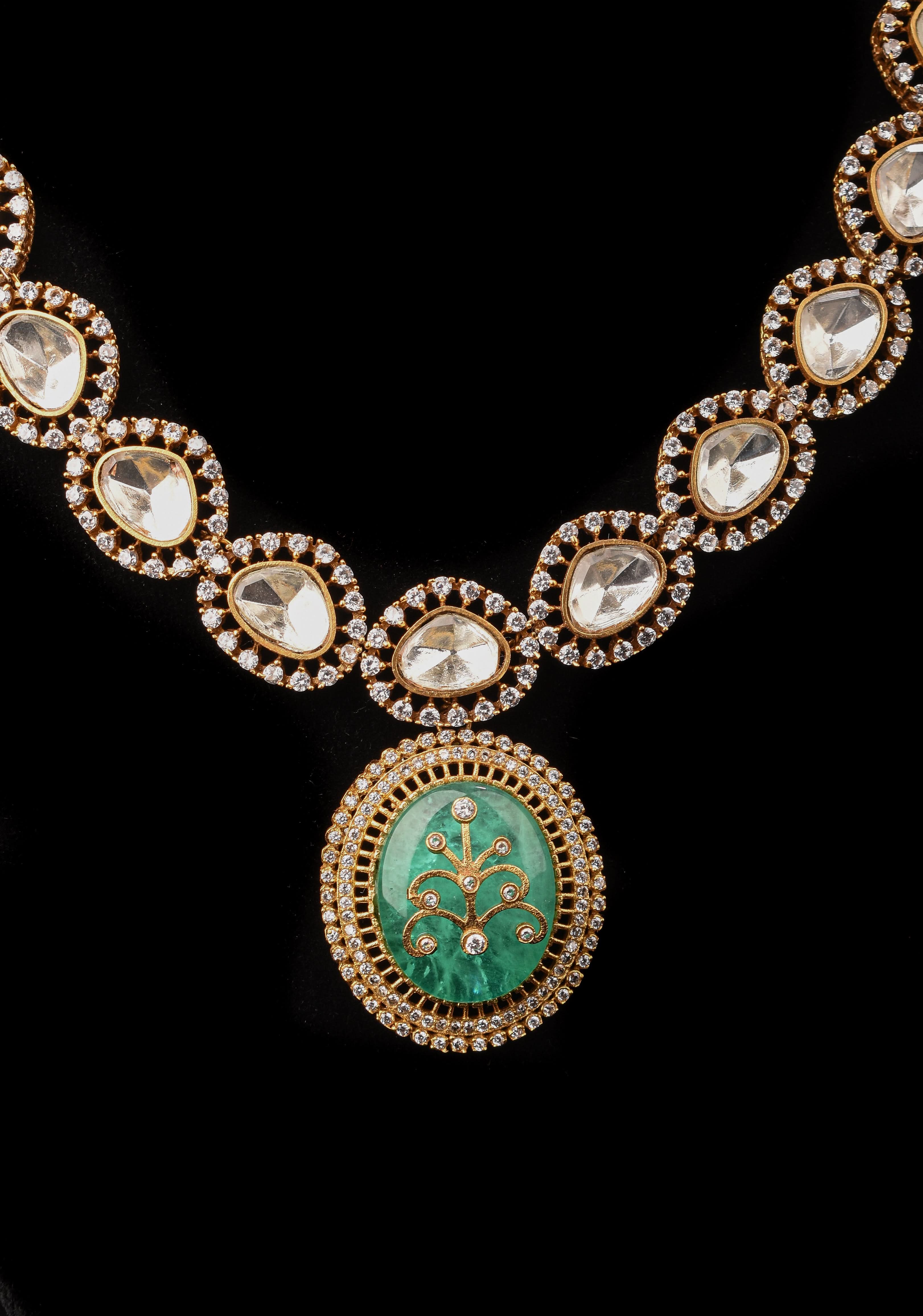 Victorian Finish Green Carved Stone Pendant Necklace Set | SHOBITAM