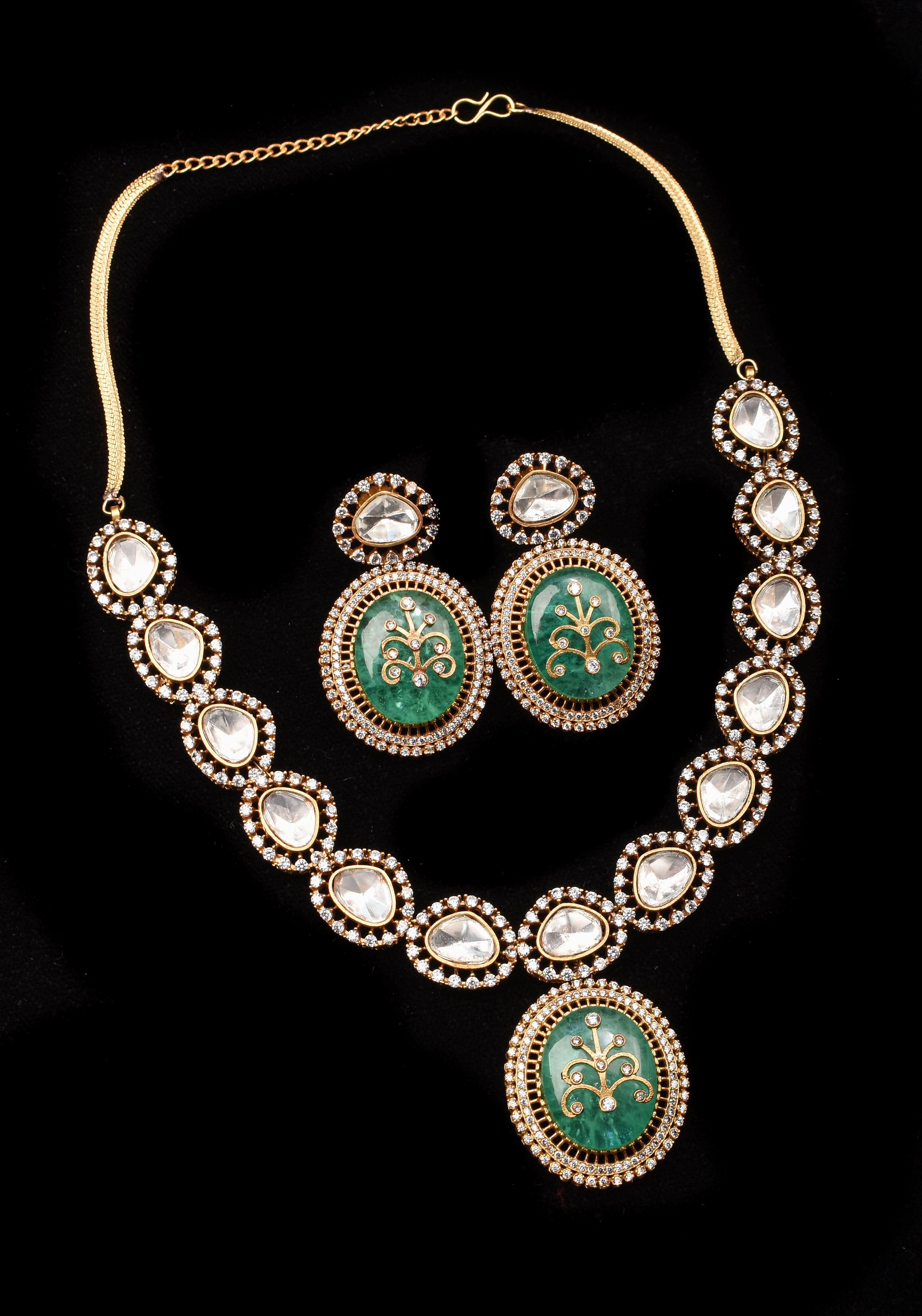 Victorian Finish Green Carved Stone Pendant Necklace Set | SHOBITAM