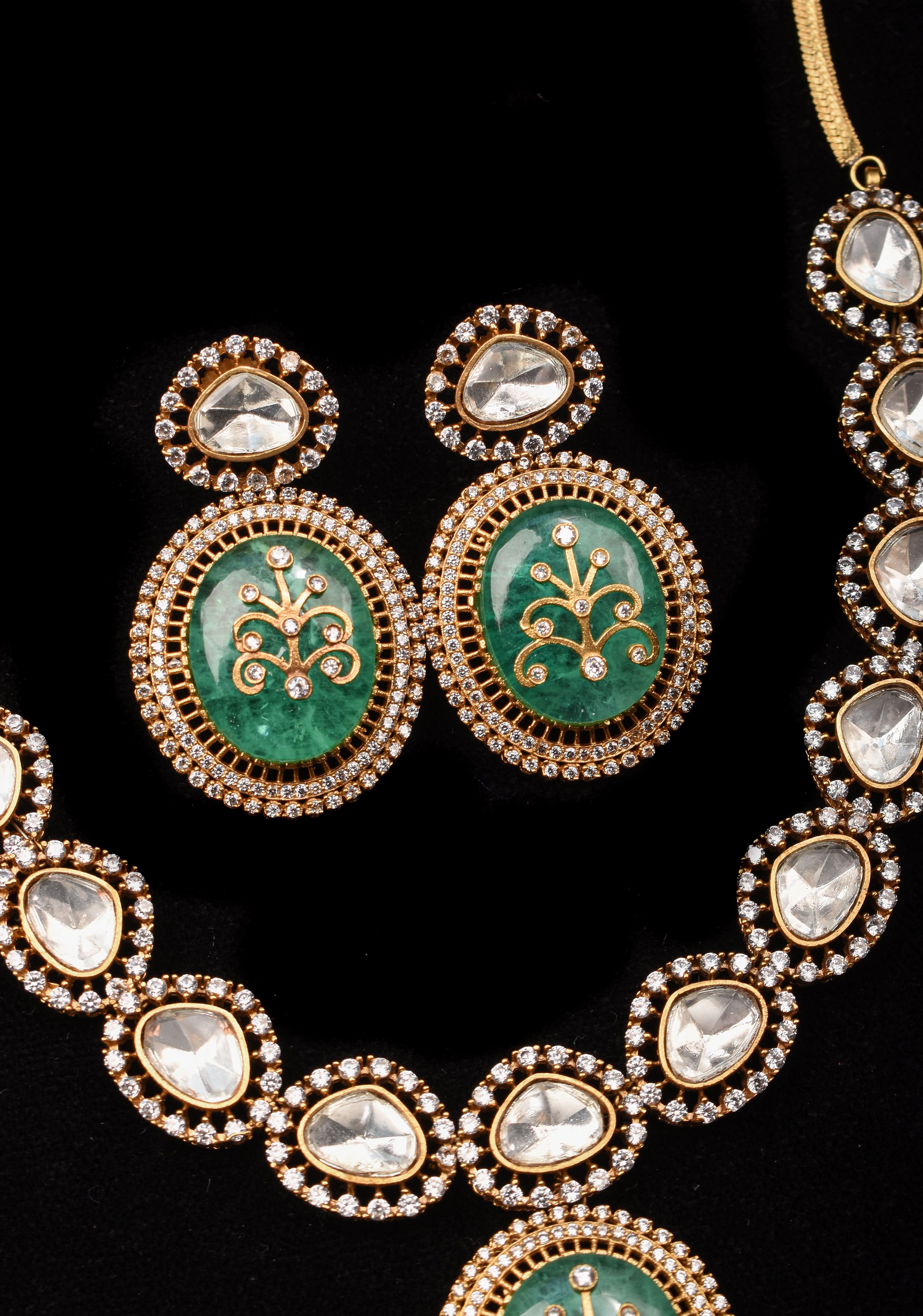 Victorian Finish Green Carved Stone Pendant Necklace Set | SHOBITAM