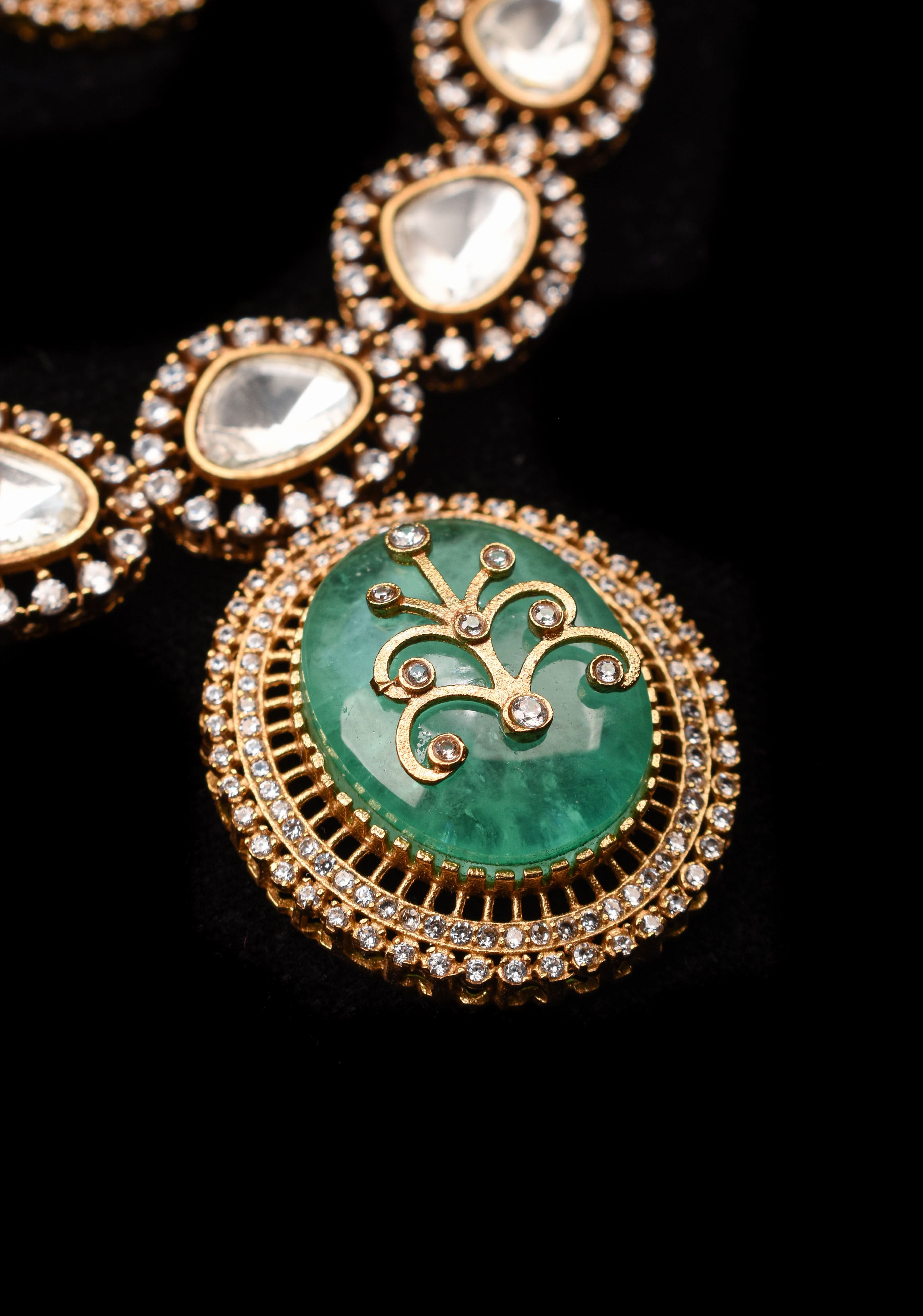 Victorian Finish Green Carved Stone Pendant Necklace Set | SHOBITAM