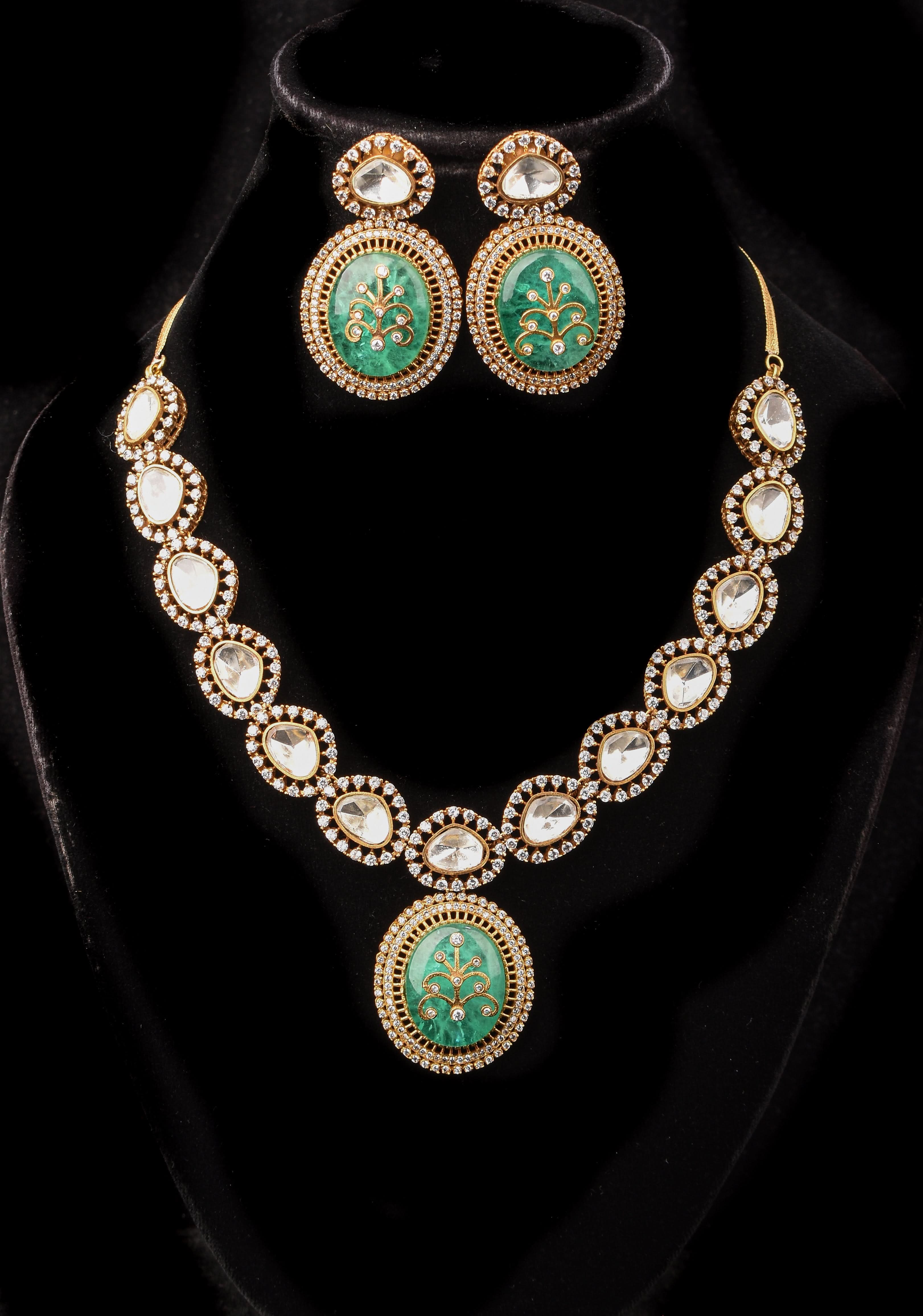 Victorian Finish Green Carved Stone Pendant Necklace Set | SHOBITAM