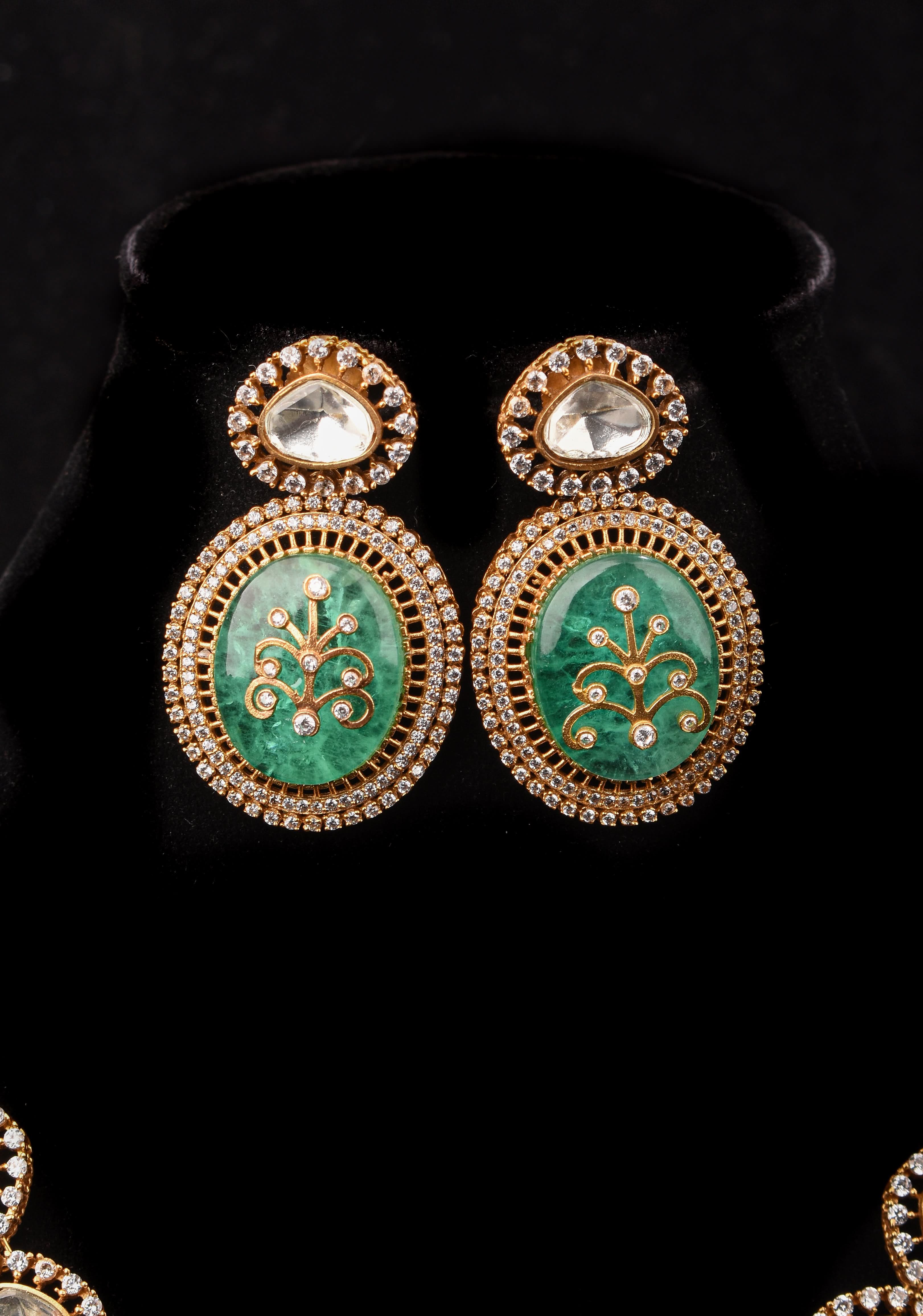 Victorian Finish Green Carved Stone Pendant Necklace Set | SHOBITAM