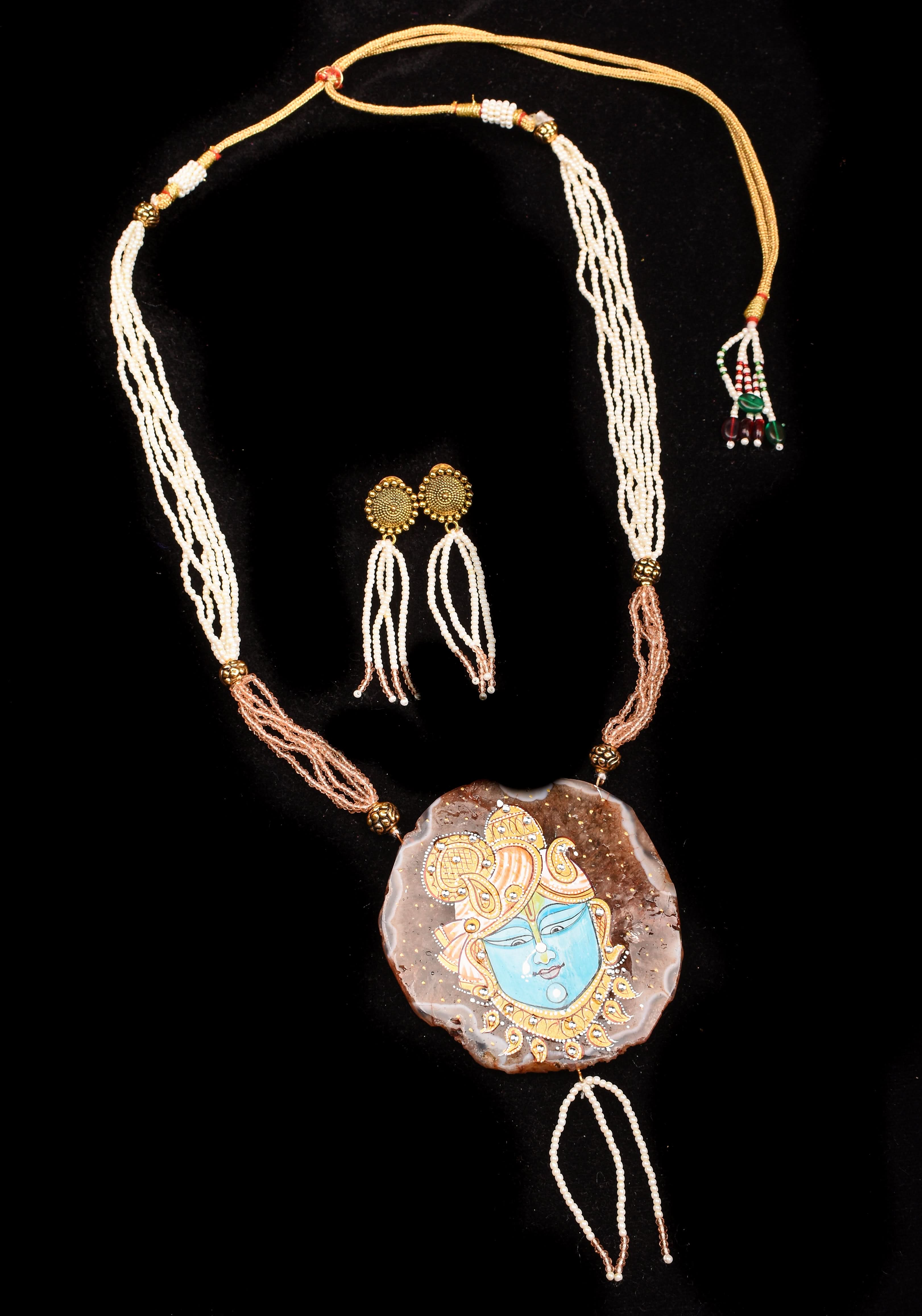 Krishna Face handpainted on Agate Stone Necklace Set | Shobitam Jewelry