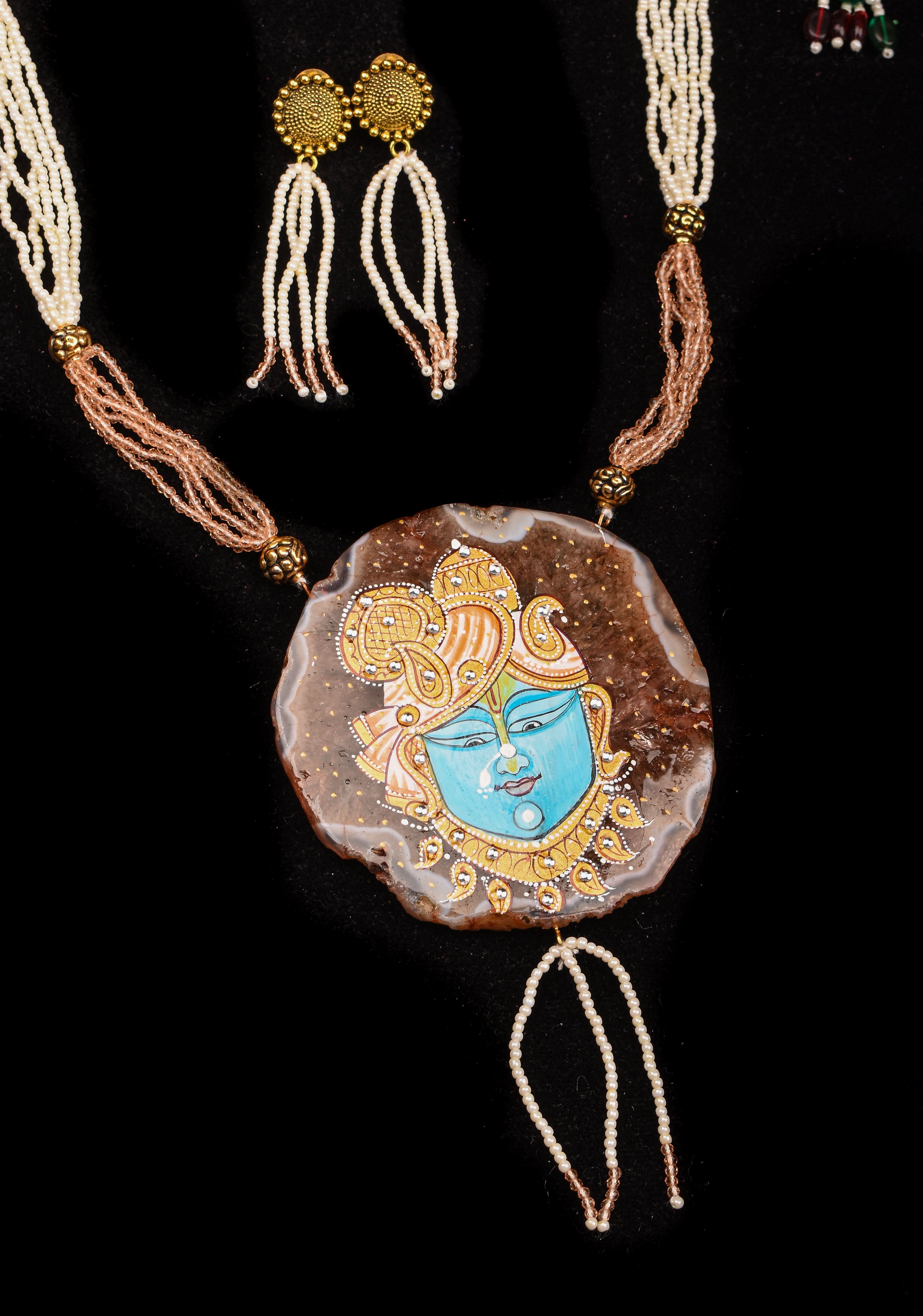 Krishna Face handpainted on Agate Stone Necklace Set | Shobitam Jewelry