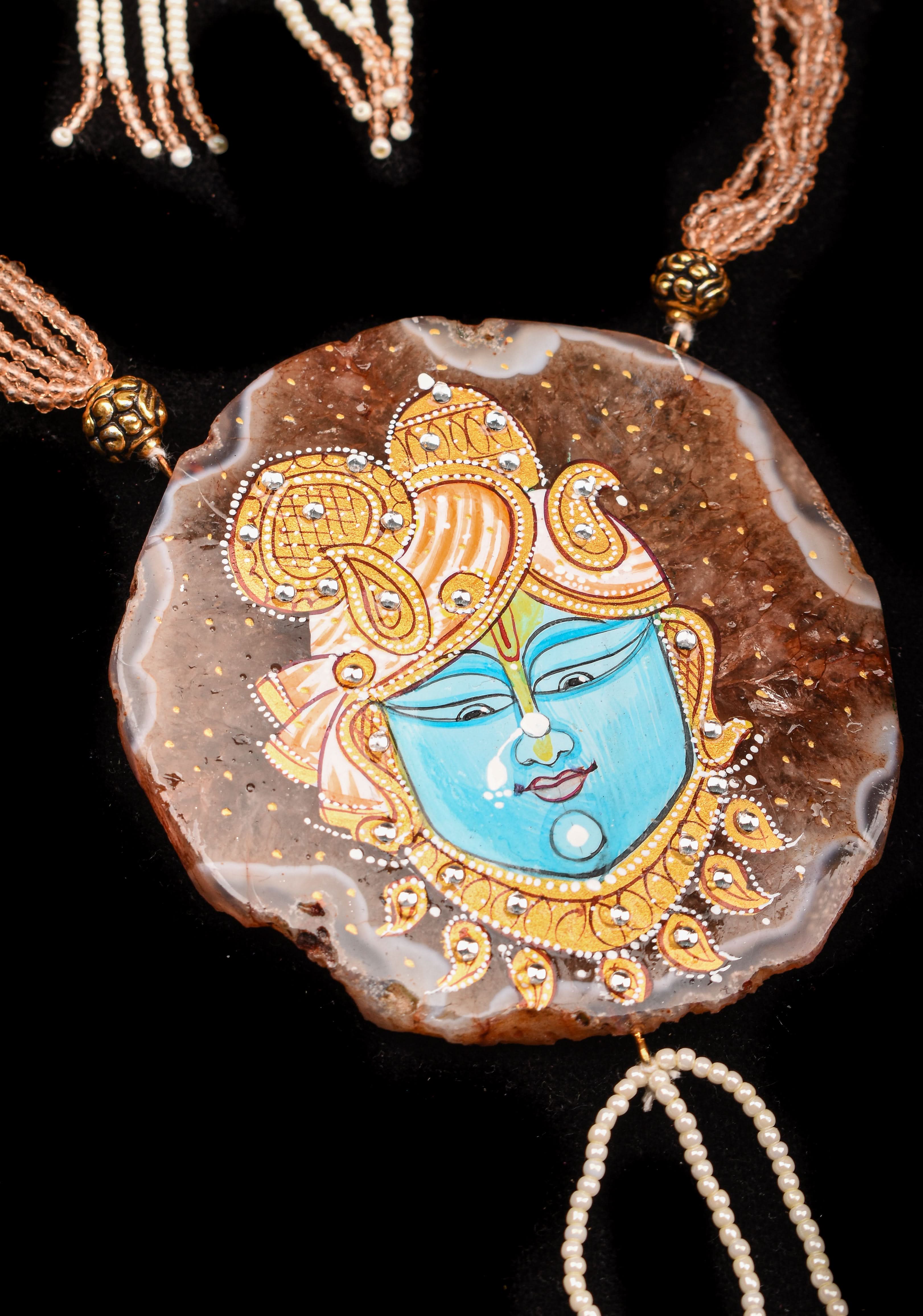 Krishna Face handpainted on Agate Stone Necklace Set | Shobitam Jewelry