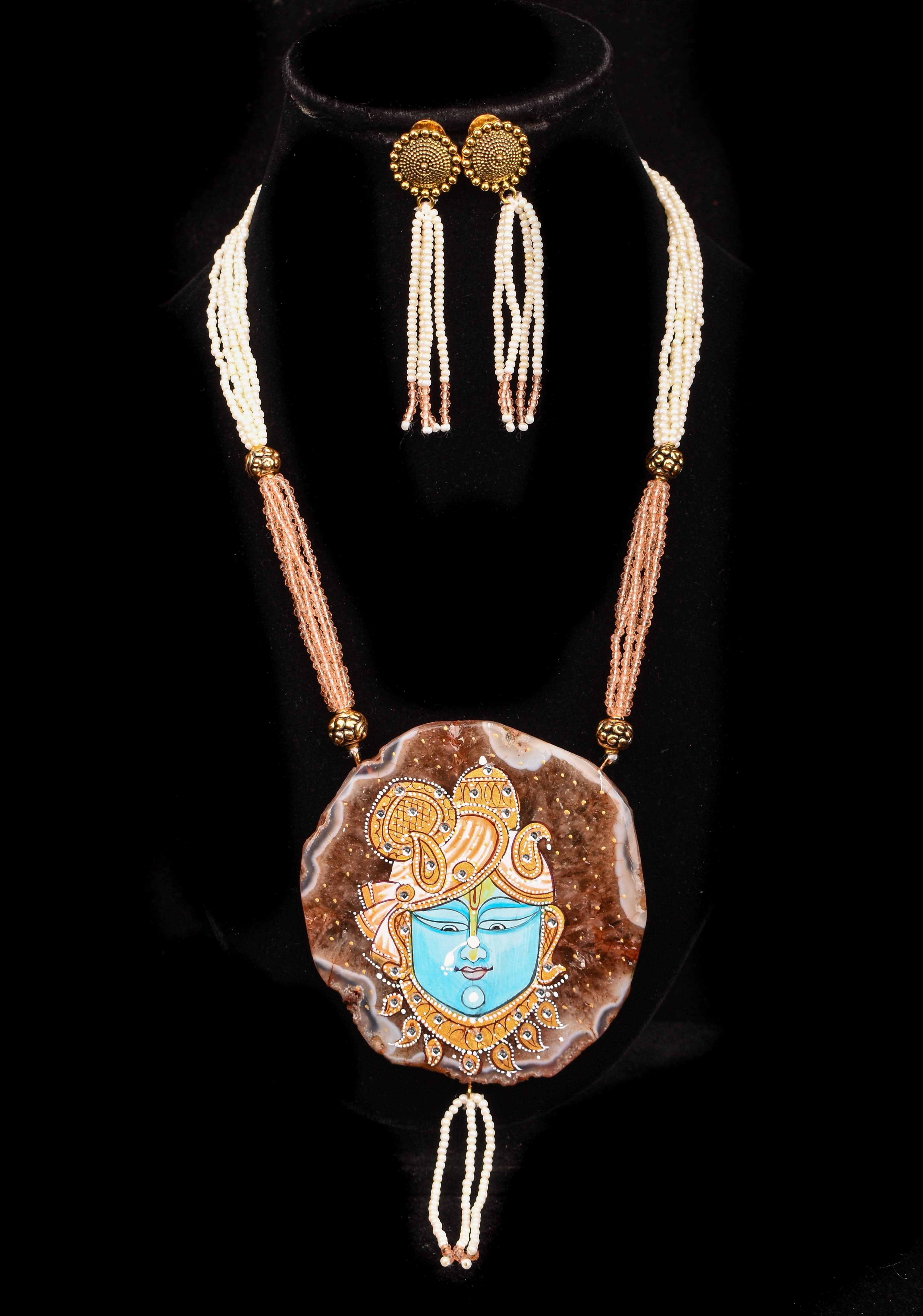 Krishna Face handpainted on Agate Stone Necklace Set | Shobitam Jewelry