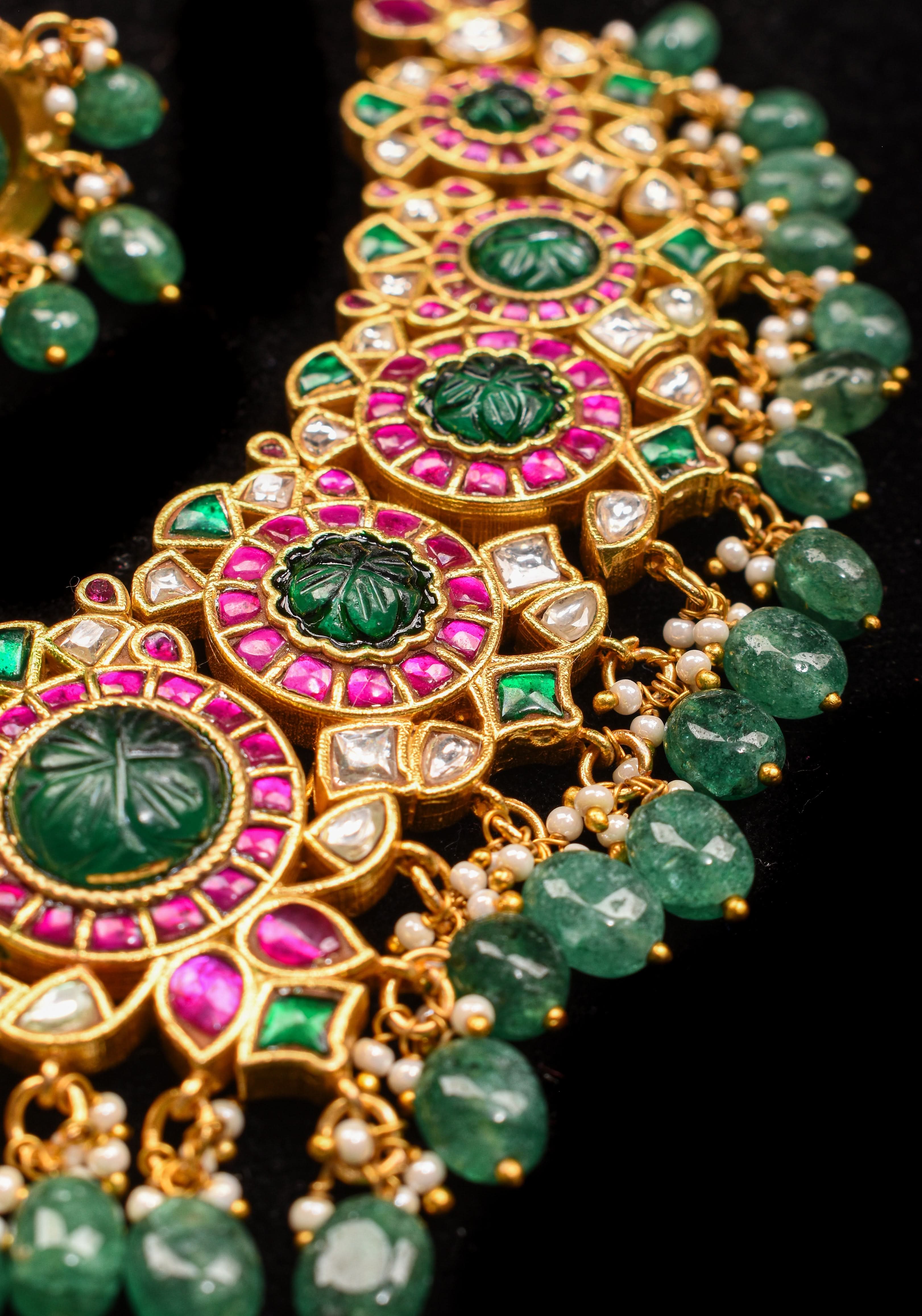 Green Craving Stone Jadau Kundan Pearls Choker Set with Dangling Green Beads and Jhumka Earrings | SHOBITAM