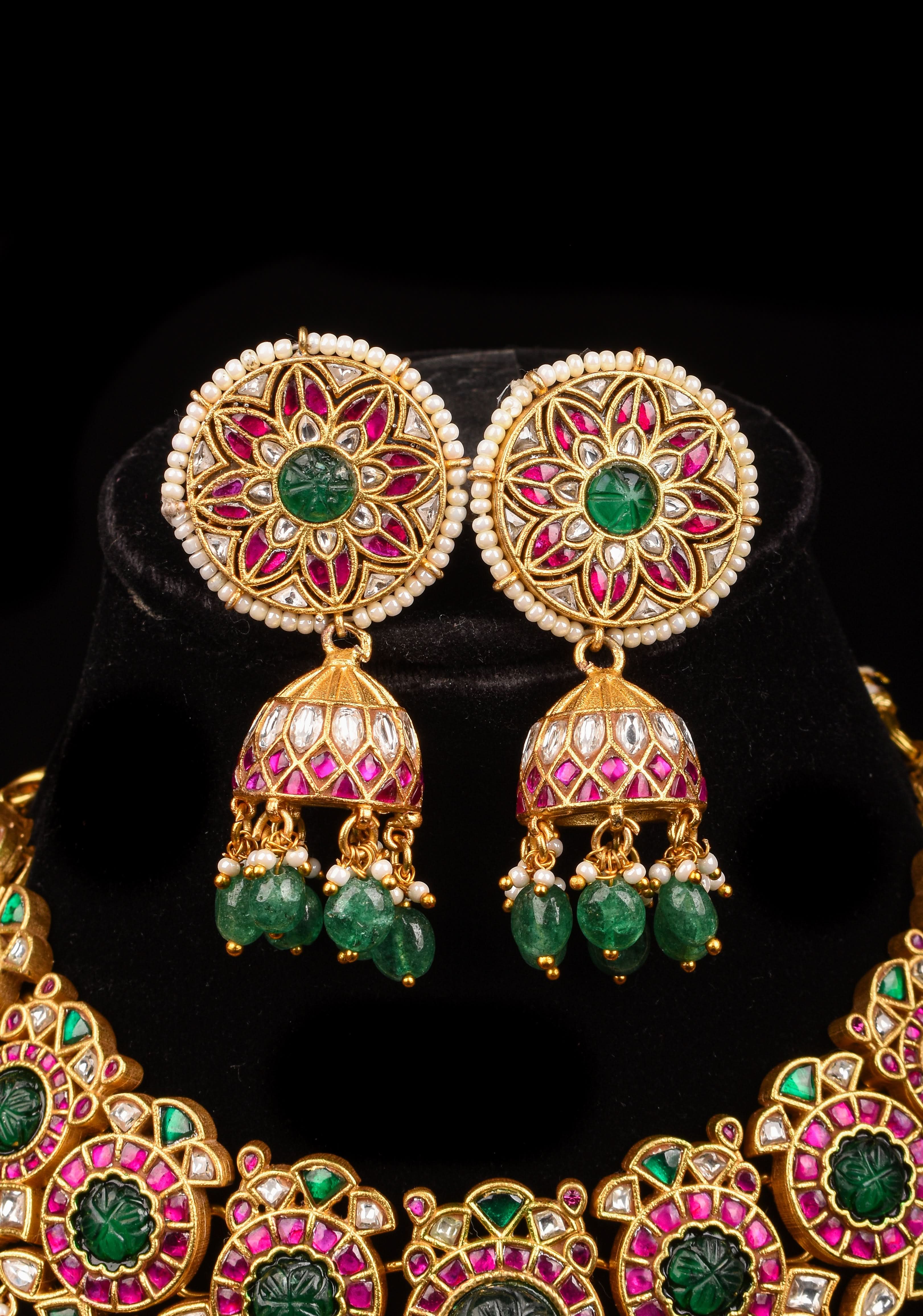Green Craving Stone Jadau Kundan Pearls Choker Set with Dangling Green Beads and Jhumka Earrings | SHOBITAM
