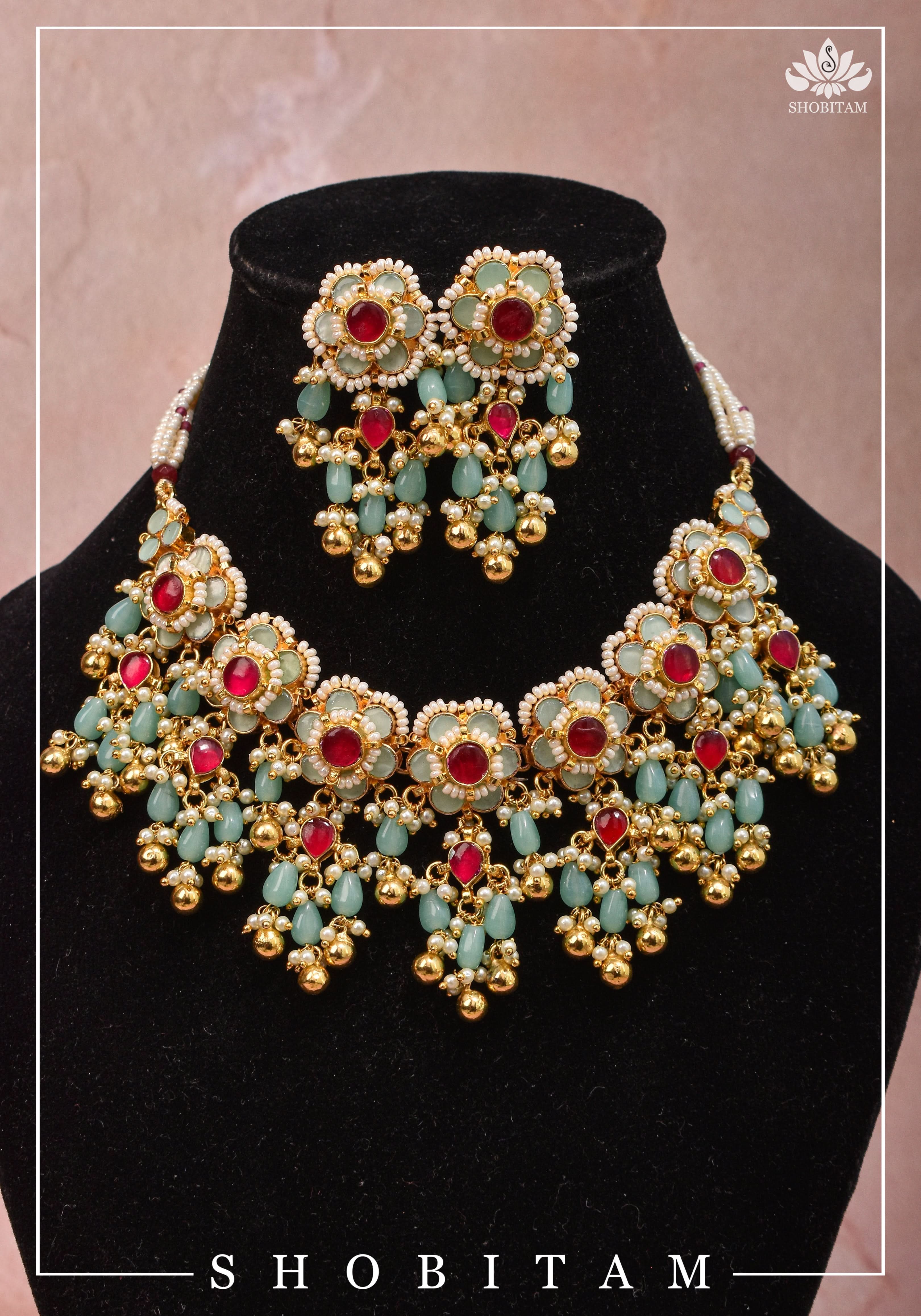 Blue tone Exquisite Jadau Floral Design Jewelry Choker set with blue and gold dangling beads | Shobitam Jewelery
