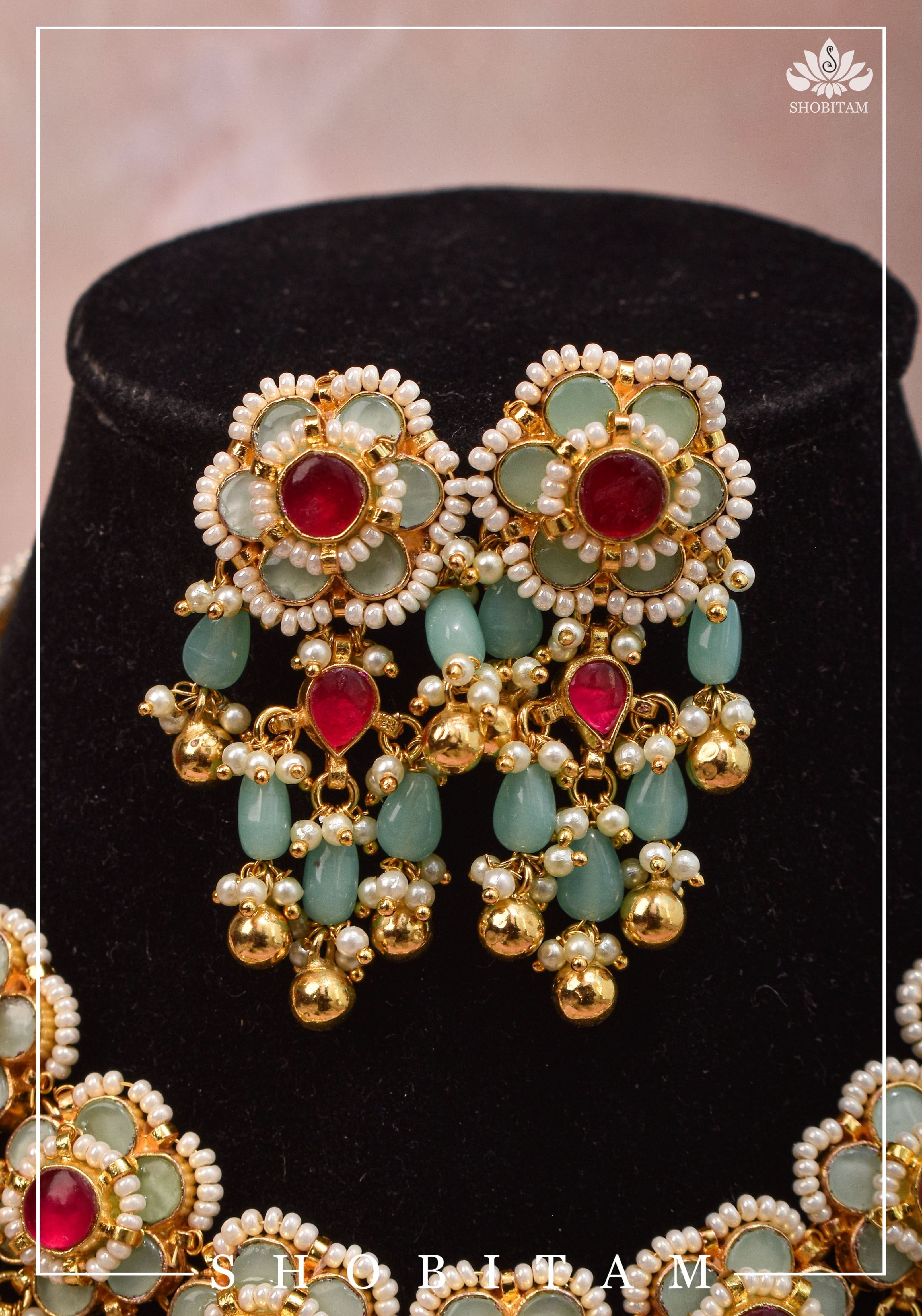 Blue tone Exquisite Jadau Floral Design Jewelry Choker set with blue and gold dangling beads | Shobitam Jewelery