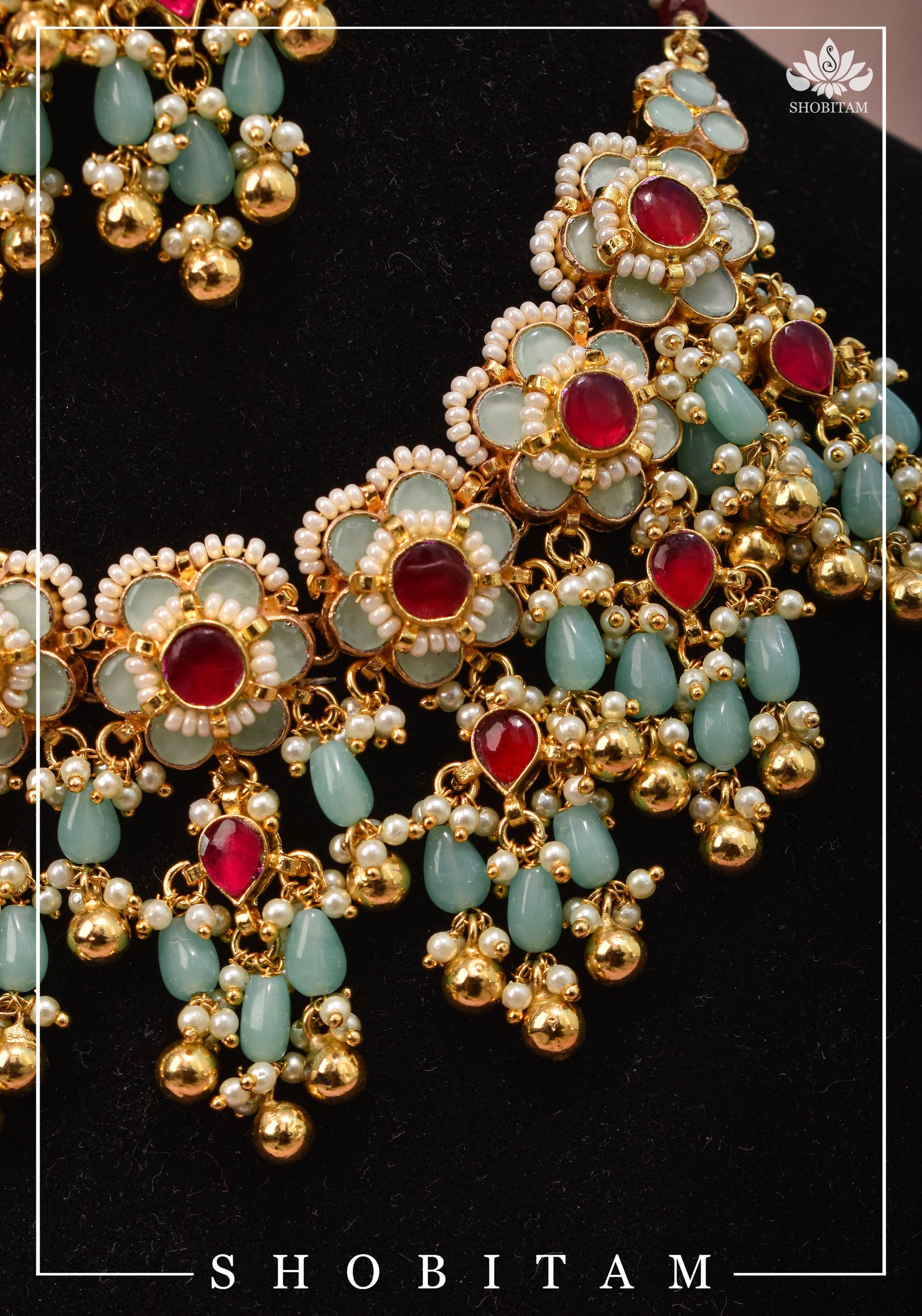 Blue tone Exquisite Jadau Floral Design Jewelry Choker set with blue and gold dangling beads | Shobitam Jewelery