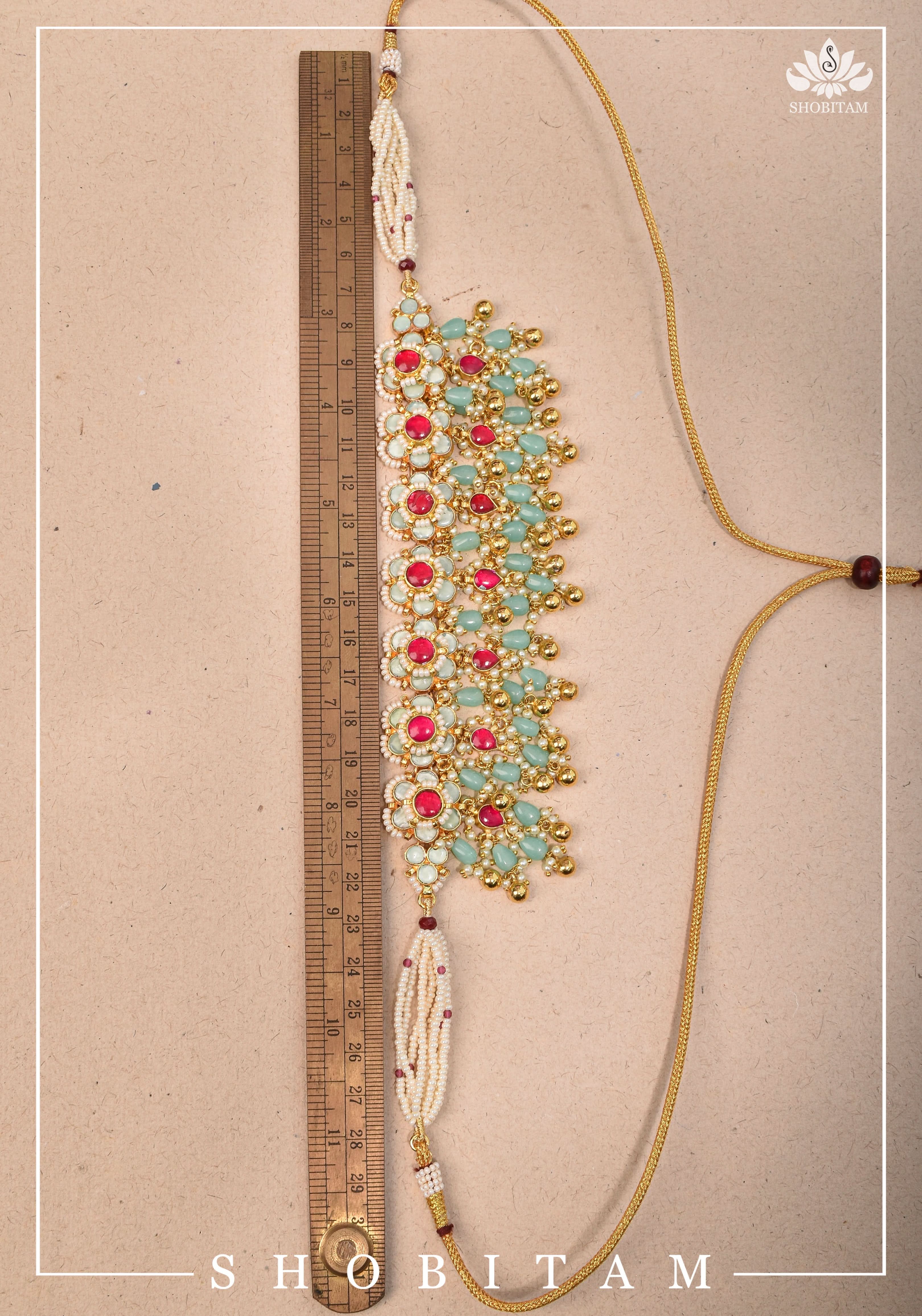 Blue tone Exquisite Jadau Floral Design Jewelry Choker set with blue and gold dangling beads | Shobitam Jewelery