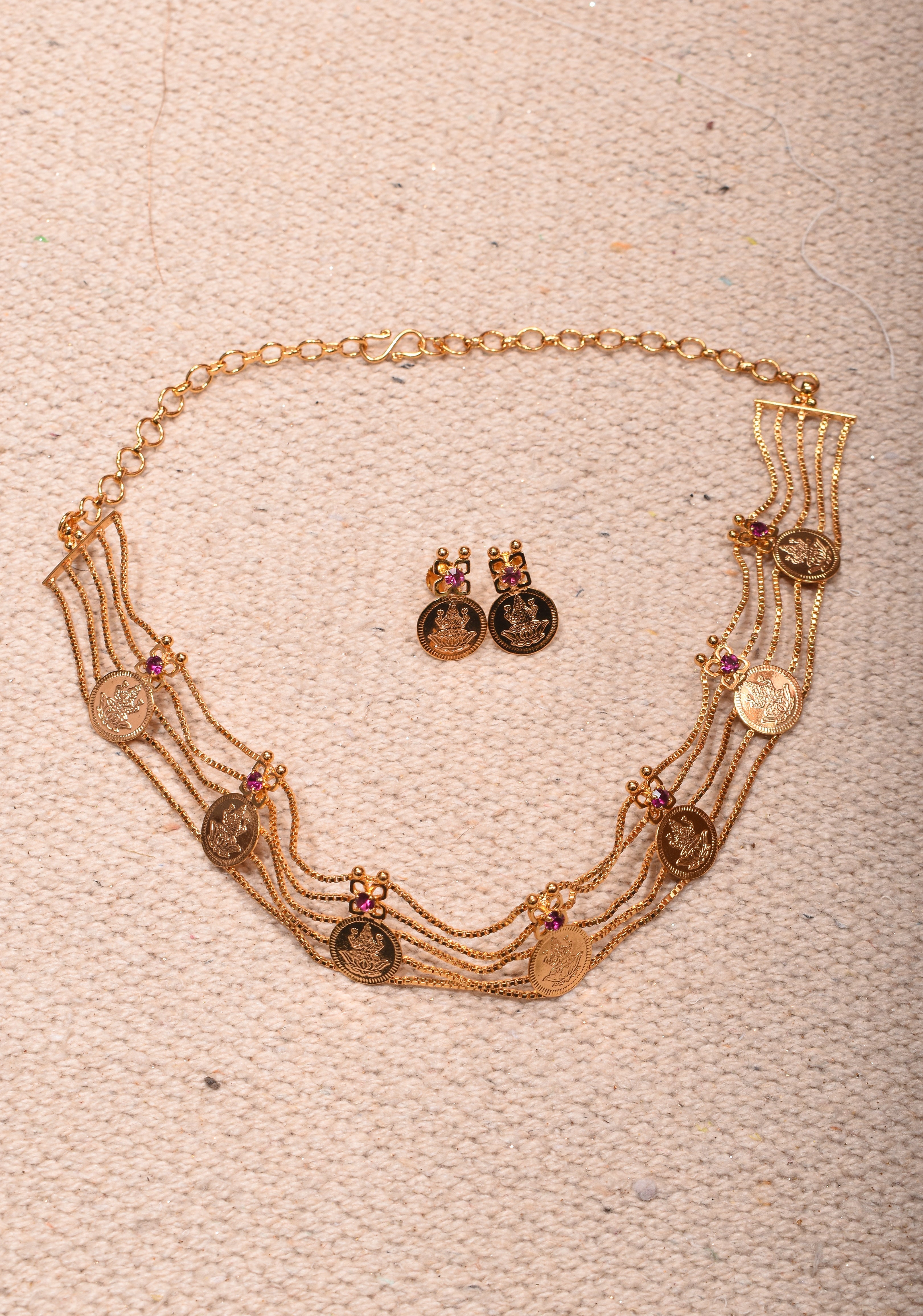 Gold tone Lakshmi Coin Layer Necklace with Earrings | Shobitam