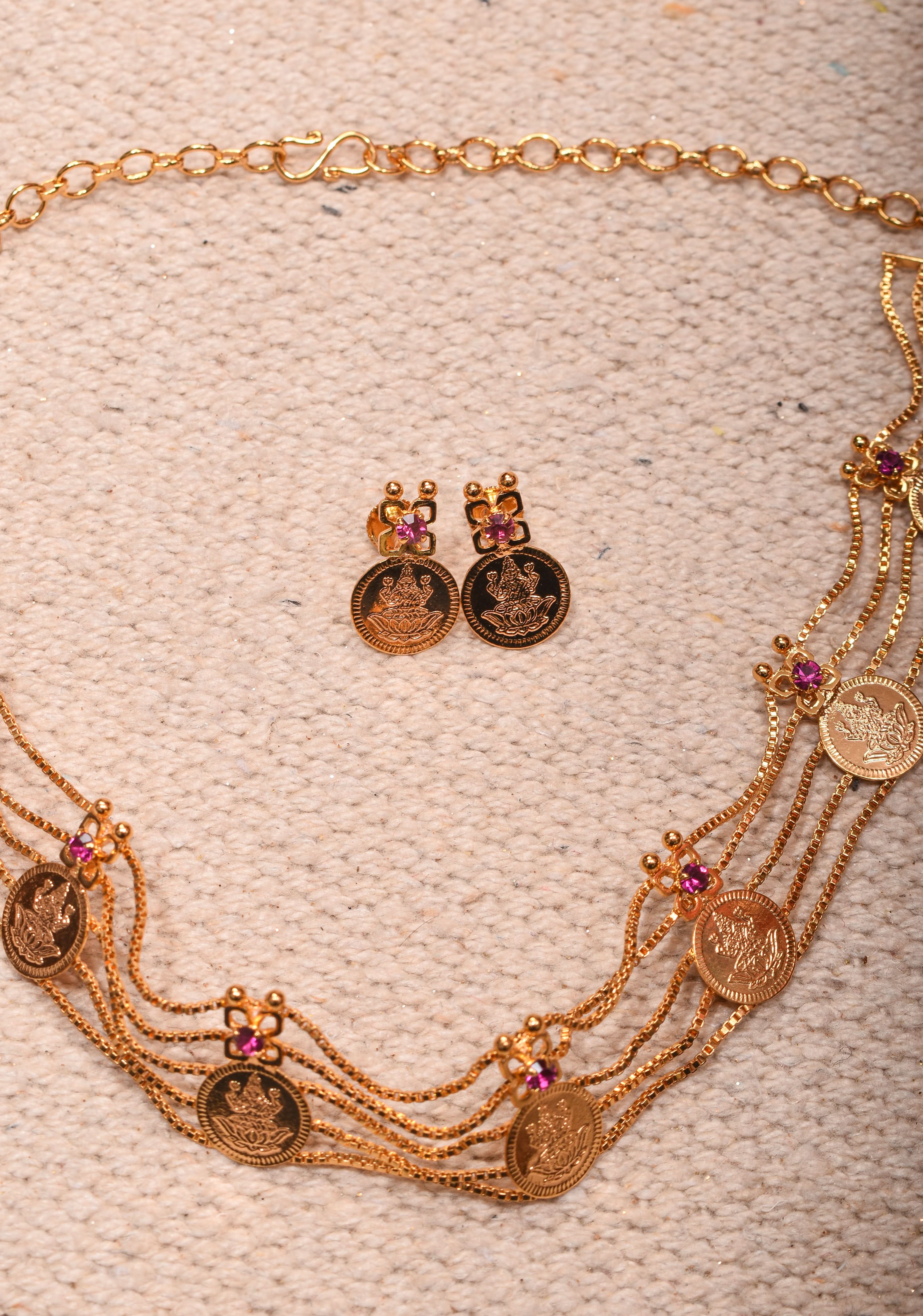Gold tone Lakshmi Coin Layer Necklace with Earrings | Shobitam