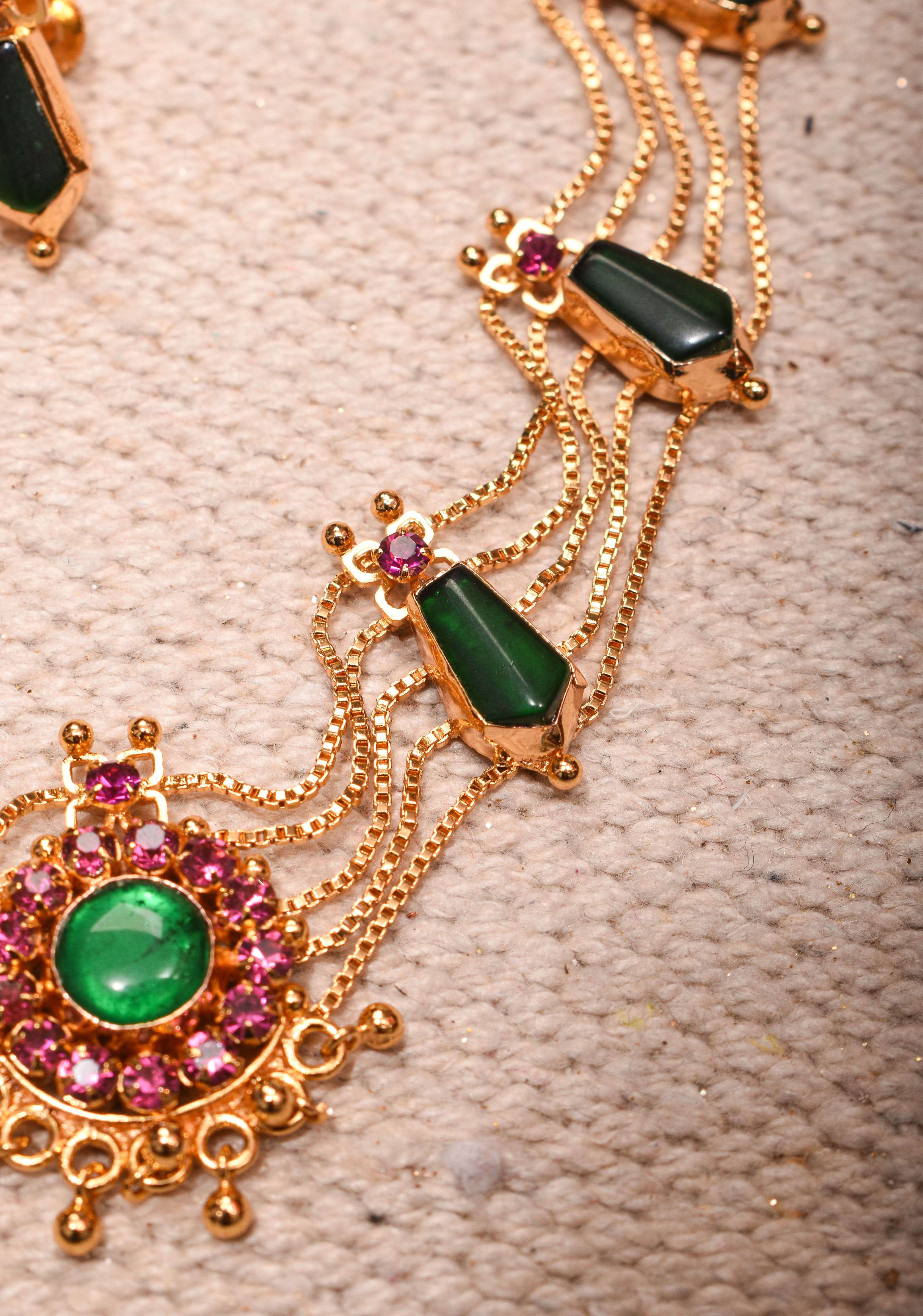 Gold tone kerala style pink-green nagapadam choker combo necklace set | Shobitam