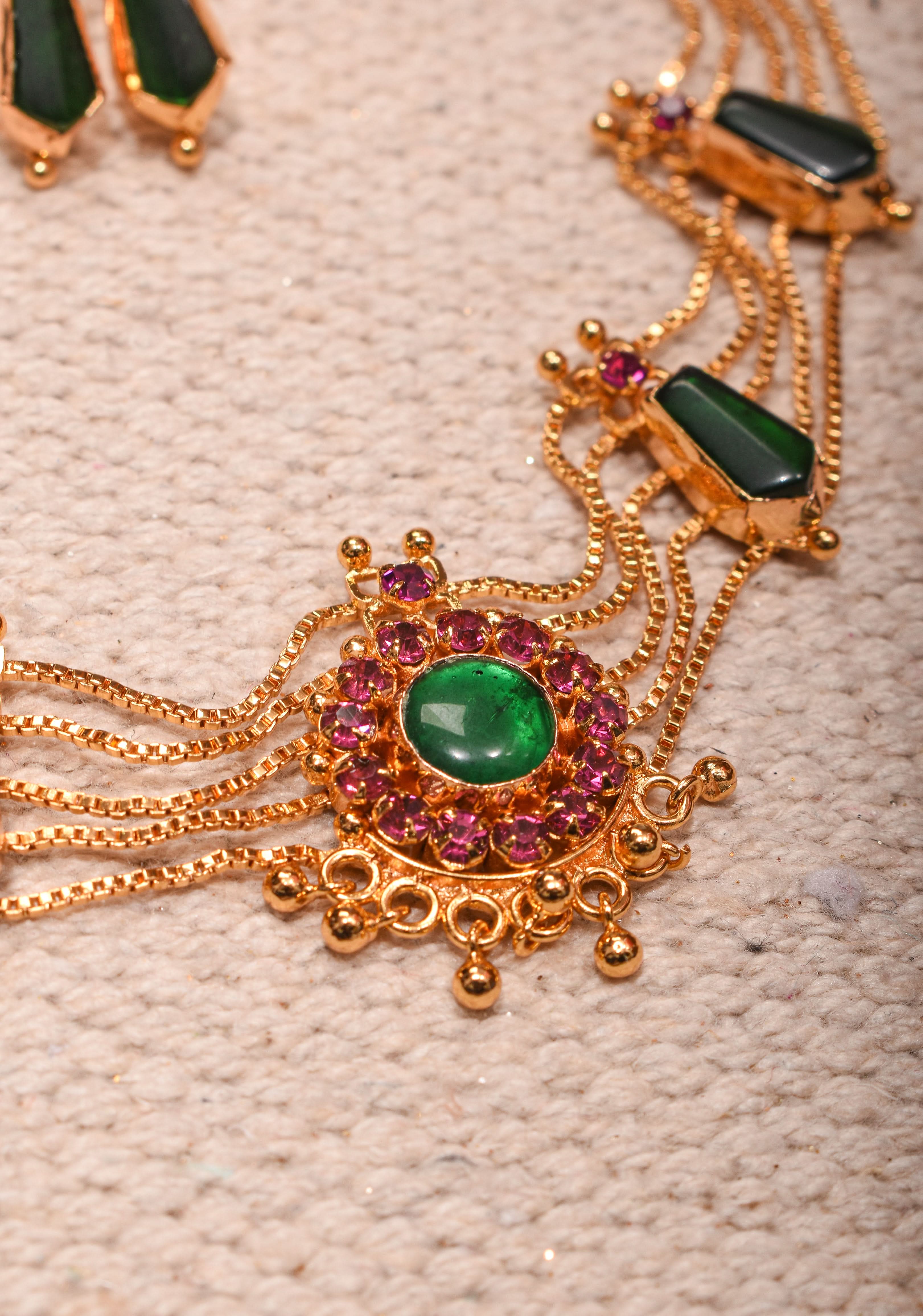 Gold tone kerala style pink-green nagapadam choker combo necklace set | Shobitam