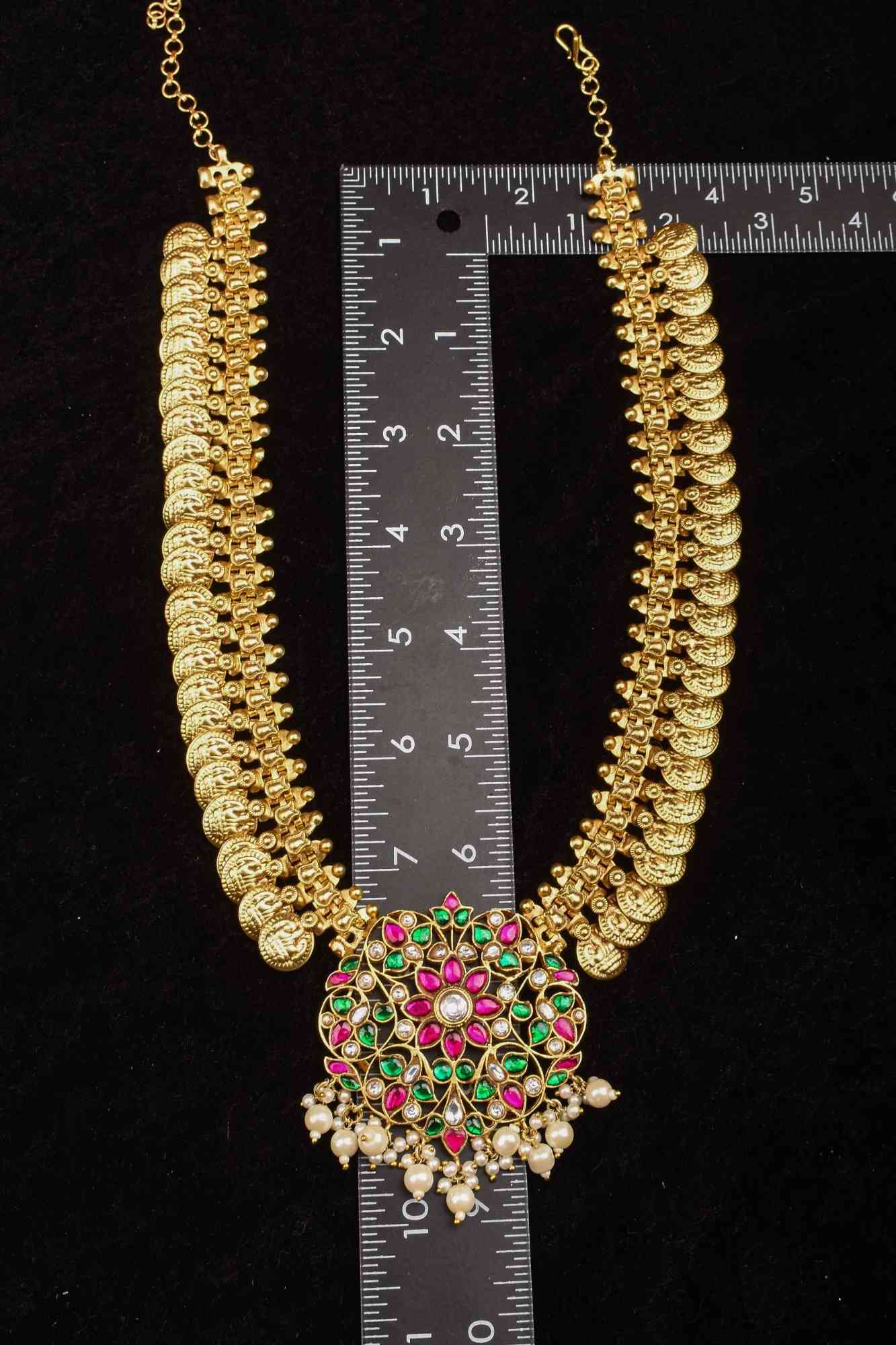 Vintage Style Lakshmi Coin Necklace with Kemp Stone Floral Design Pendant