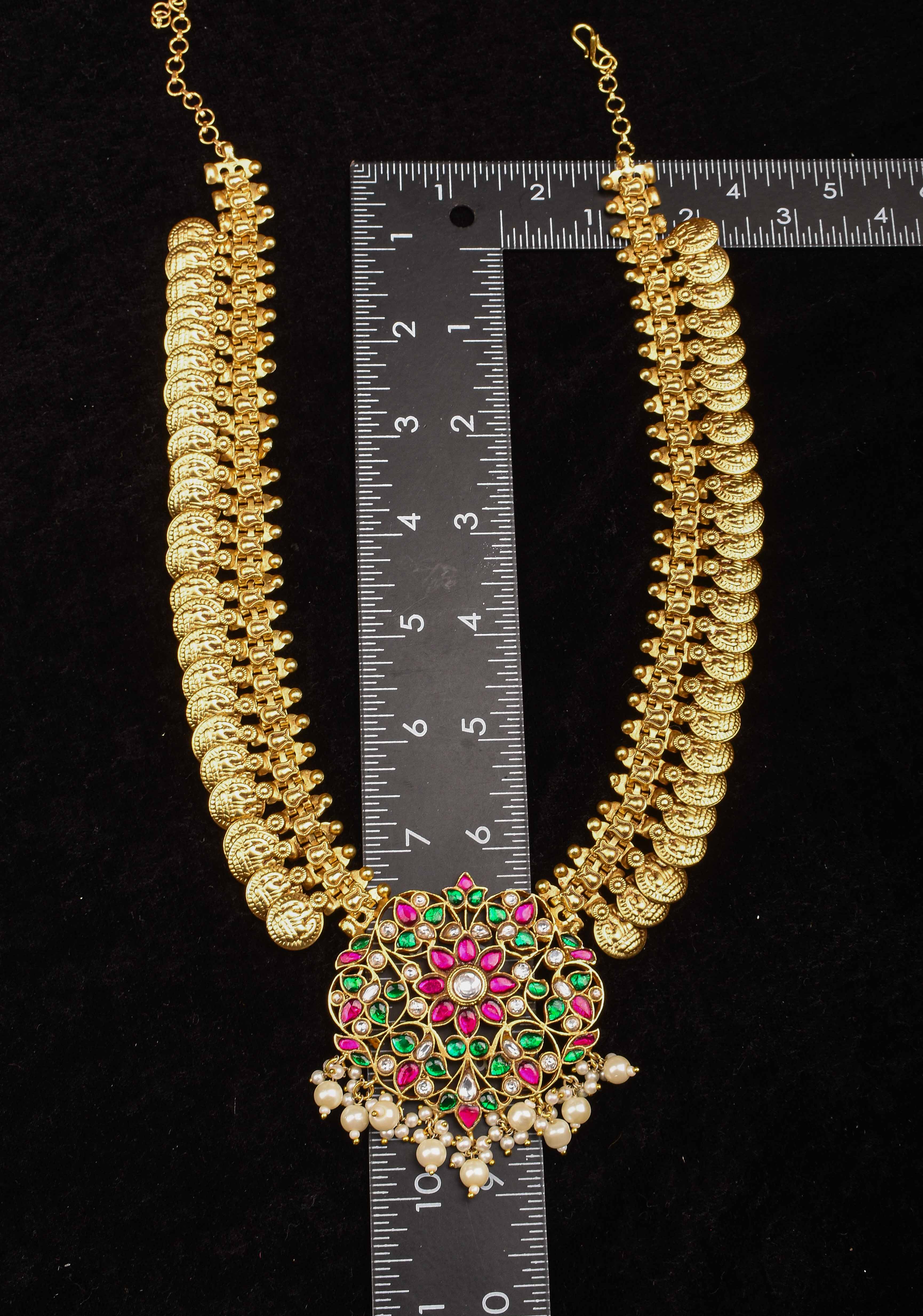 Vintage Style Lakshmi Coin Necklace with Kemp Stone Floral Design Pendant | SHOBITAM