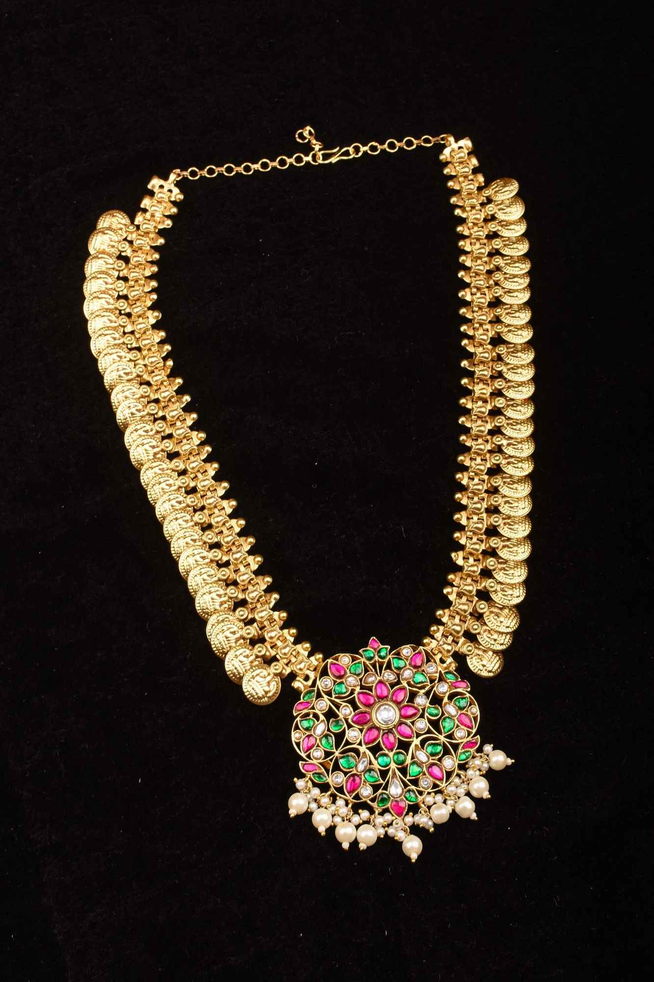 Vintage Style Lakshmi Coin Necklace with Kemp Stone Floral Design Pendant