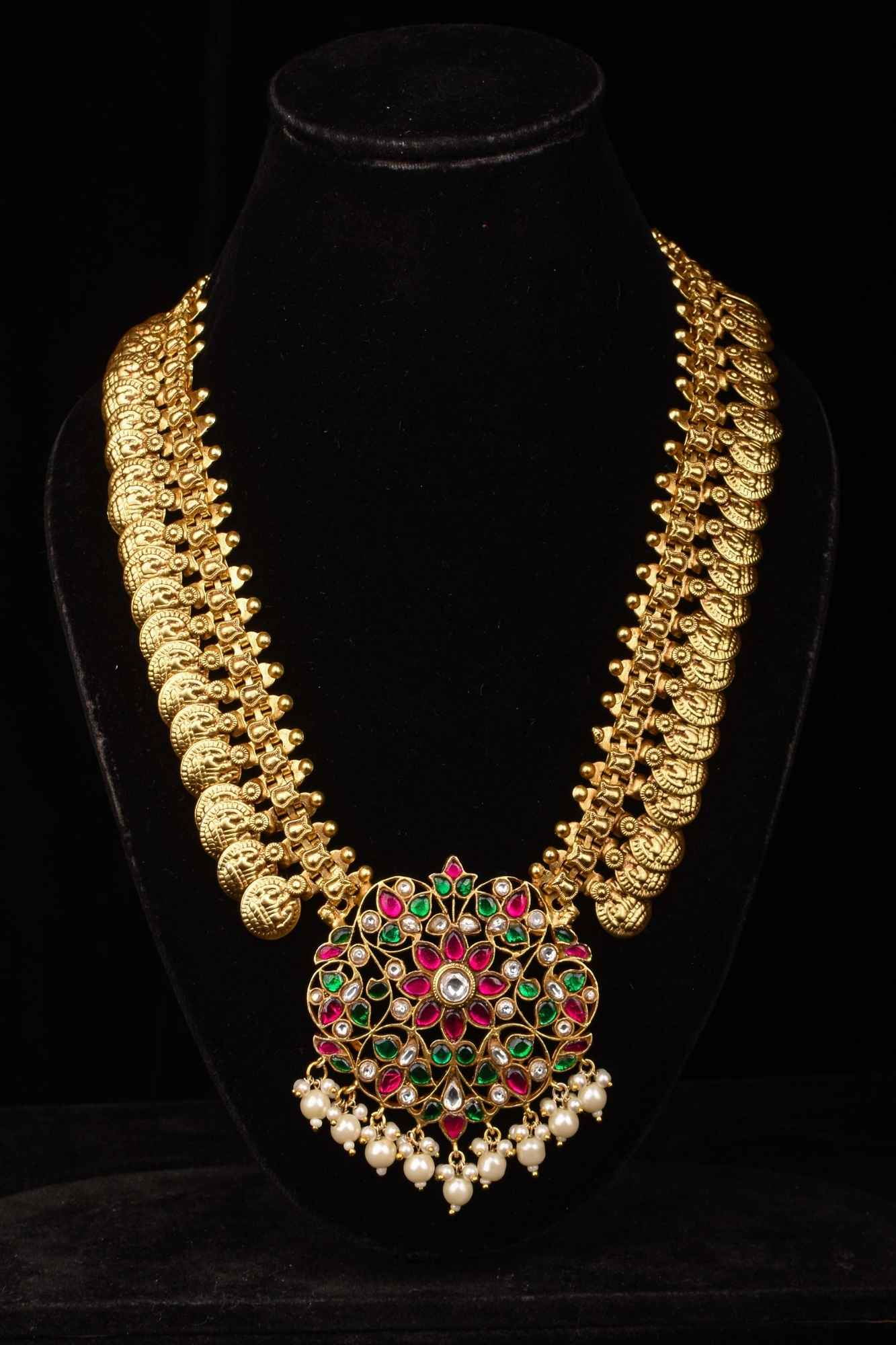 Vintage Style Lakshmi Coin Necklace with Kemp Stone Floral Design Pendant