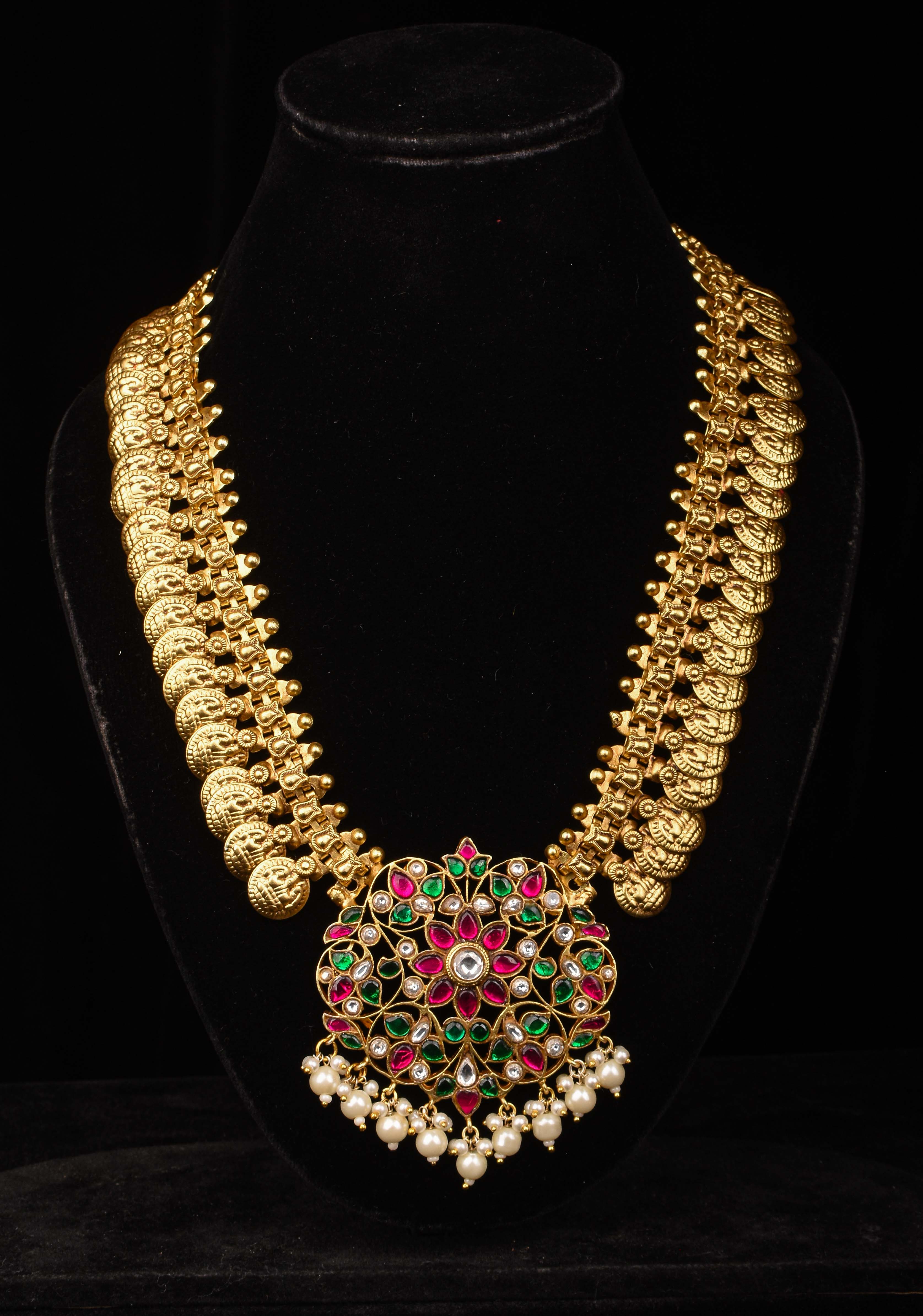 Vintage Style Lakshmi Coin Necklace with Kemp Stone Floral Design Pendant | SHOBITAM