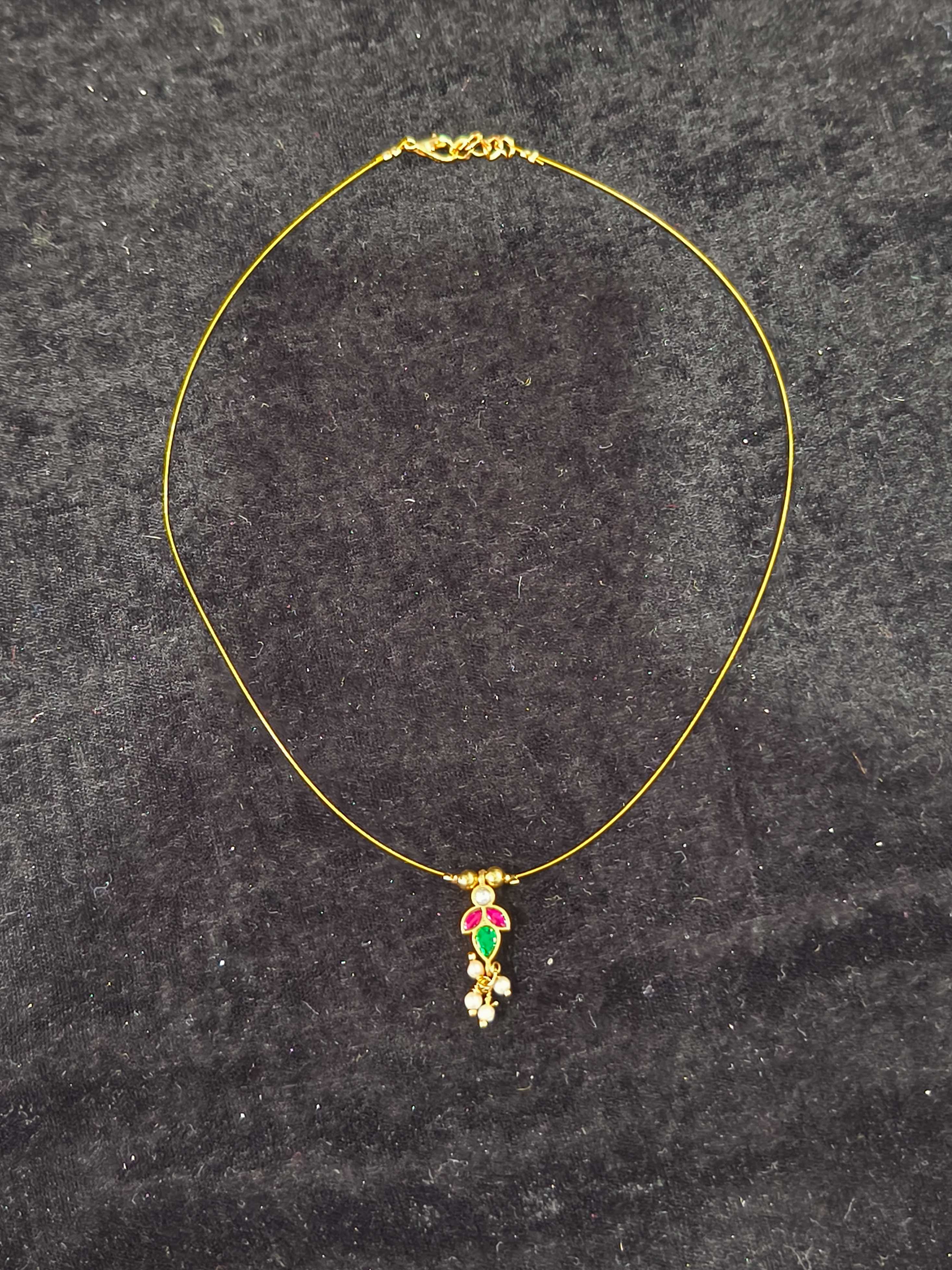 Invisible wire design with Floral Pendant and Jadau Green,Pink Stone | SHOBITAM