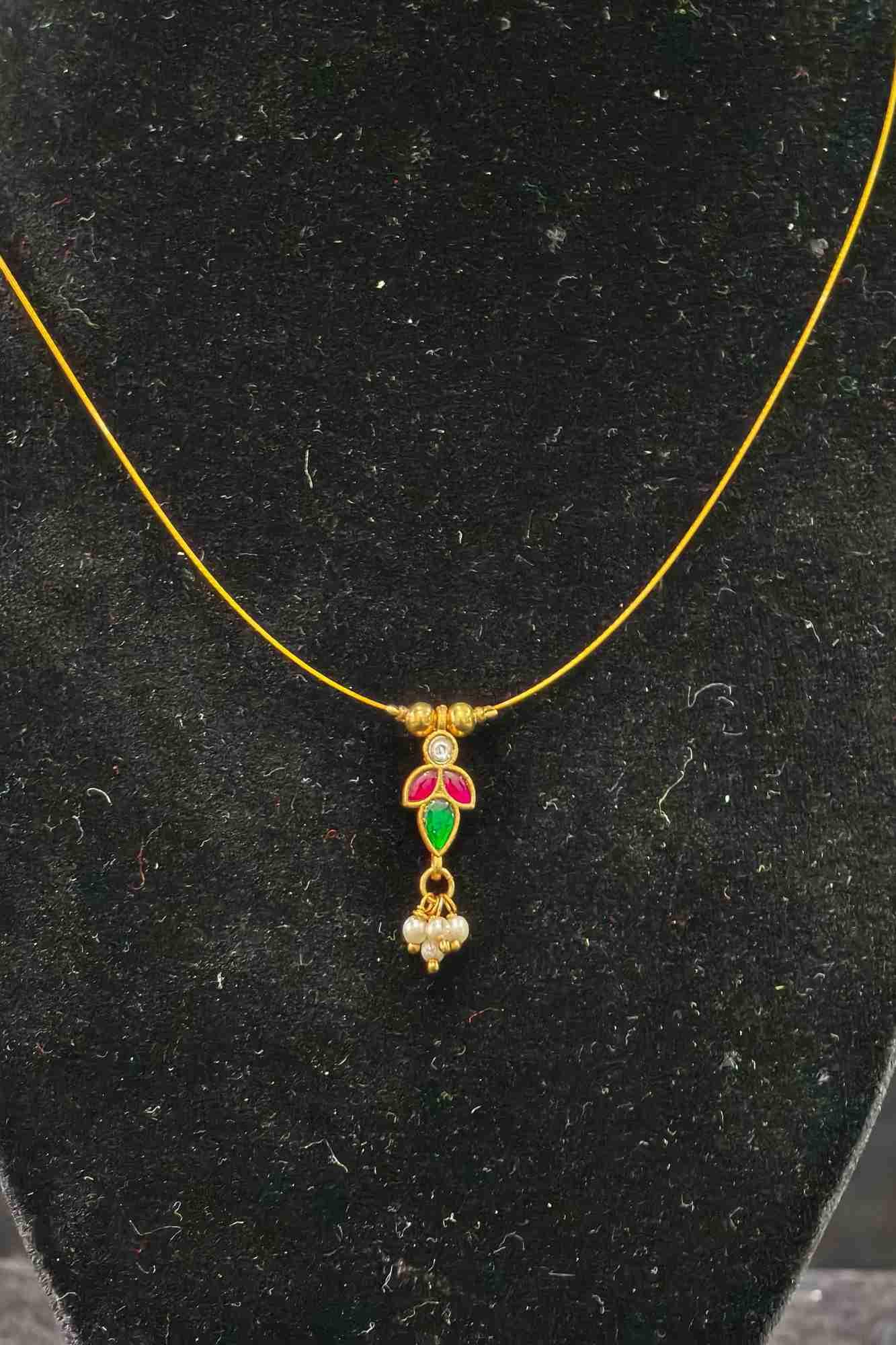 Invisible wire design with Floral Pendant and Jadau Green,Pink Stone