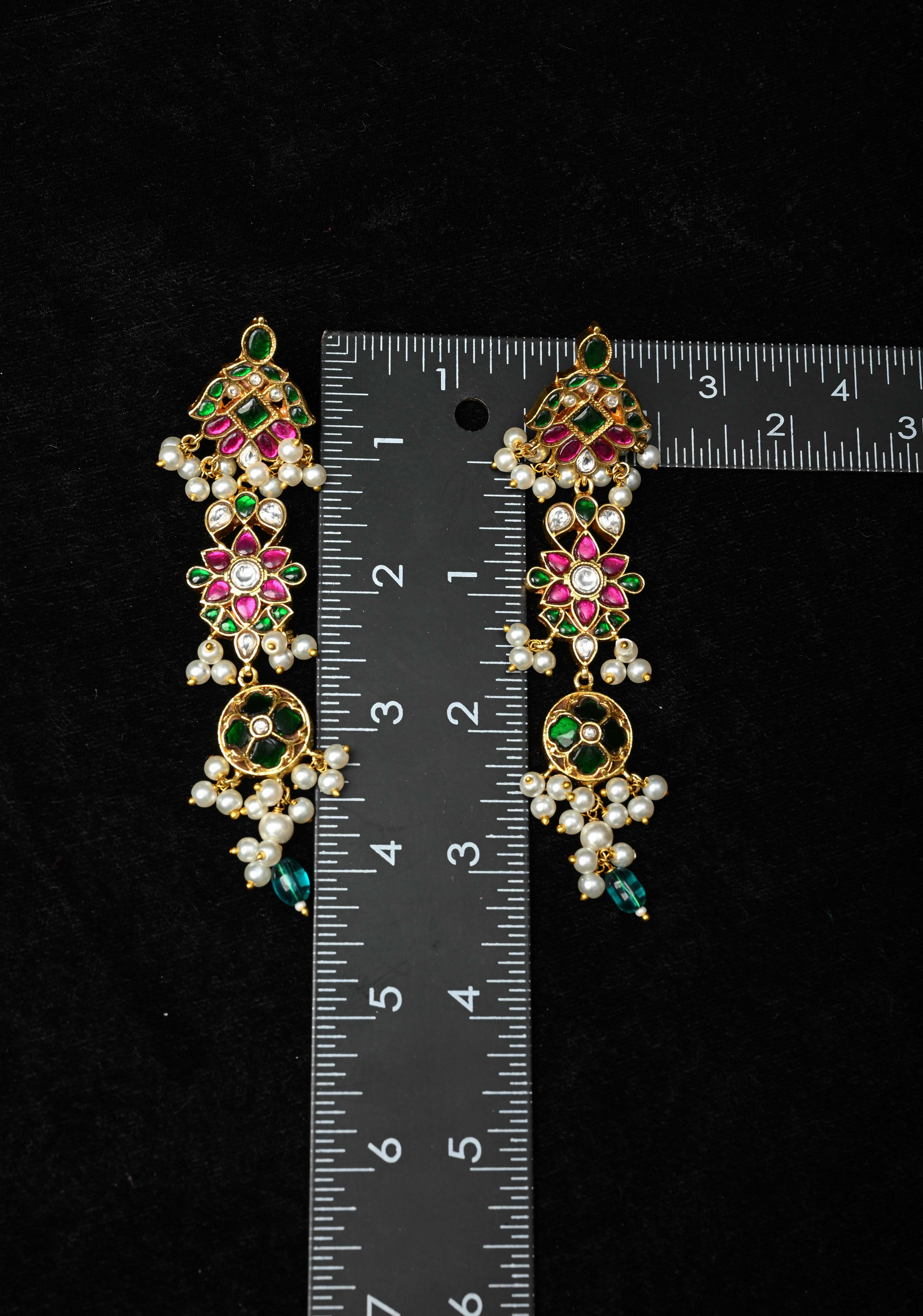 Ahmedabadi Jadau Statement of Intricate Kundan Floral Design Earrings Dangling Pearls | SHOBITAM