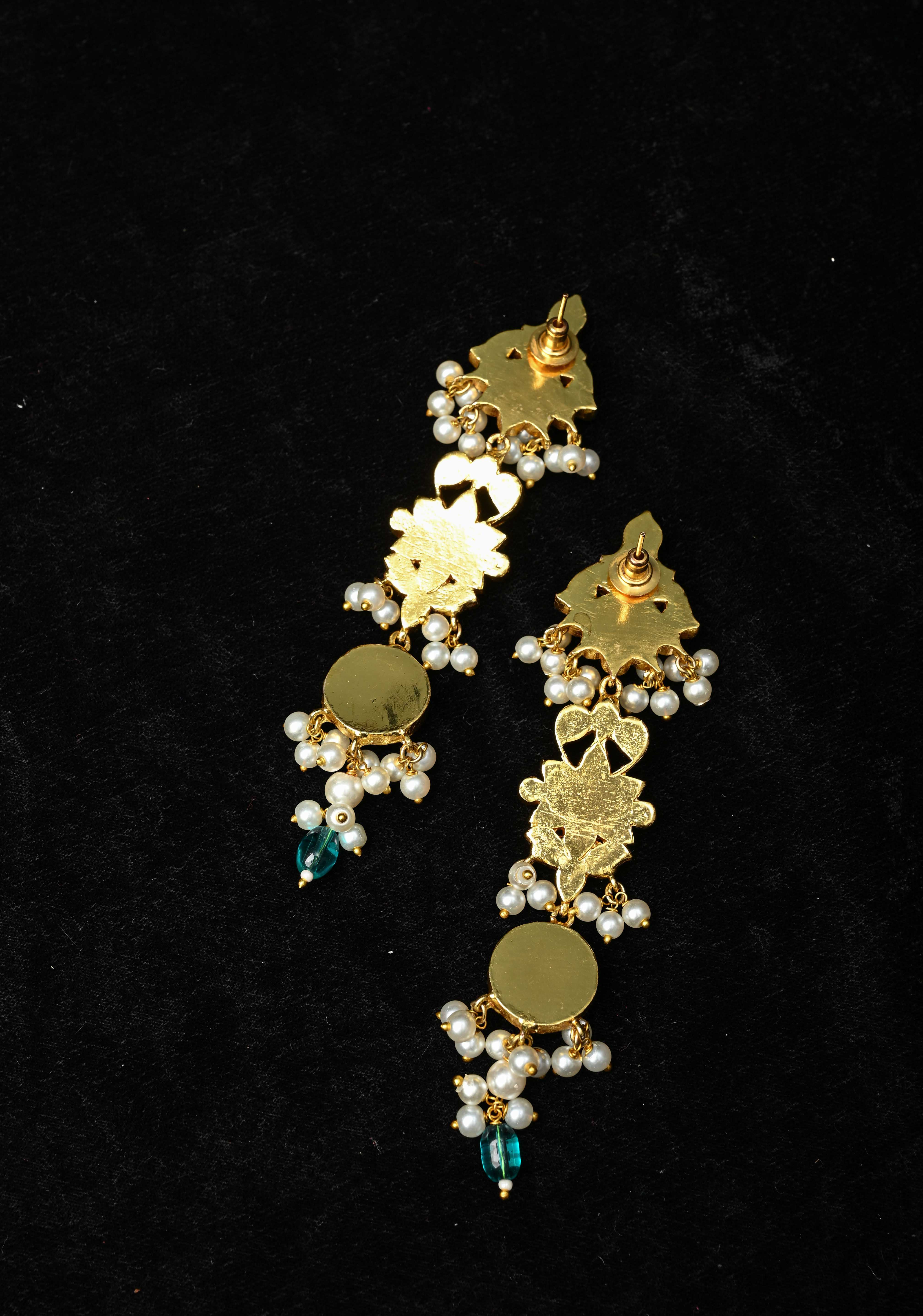 Ahmedabadi Jadau Statement of Intricate Kundan Floral Design Earrings Dangling Pearls | SHOBITAM