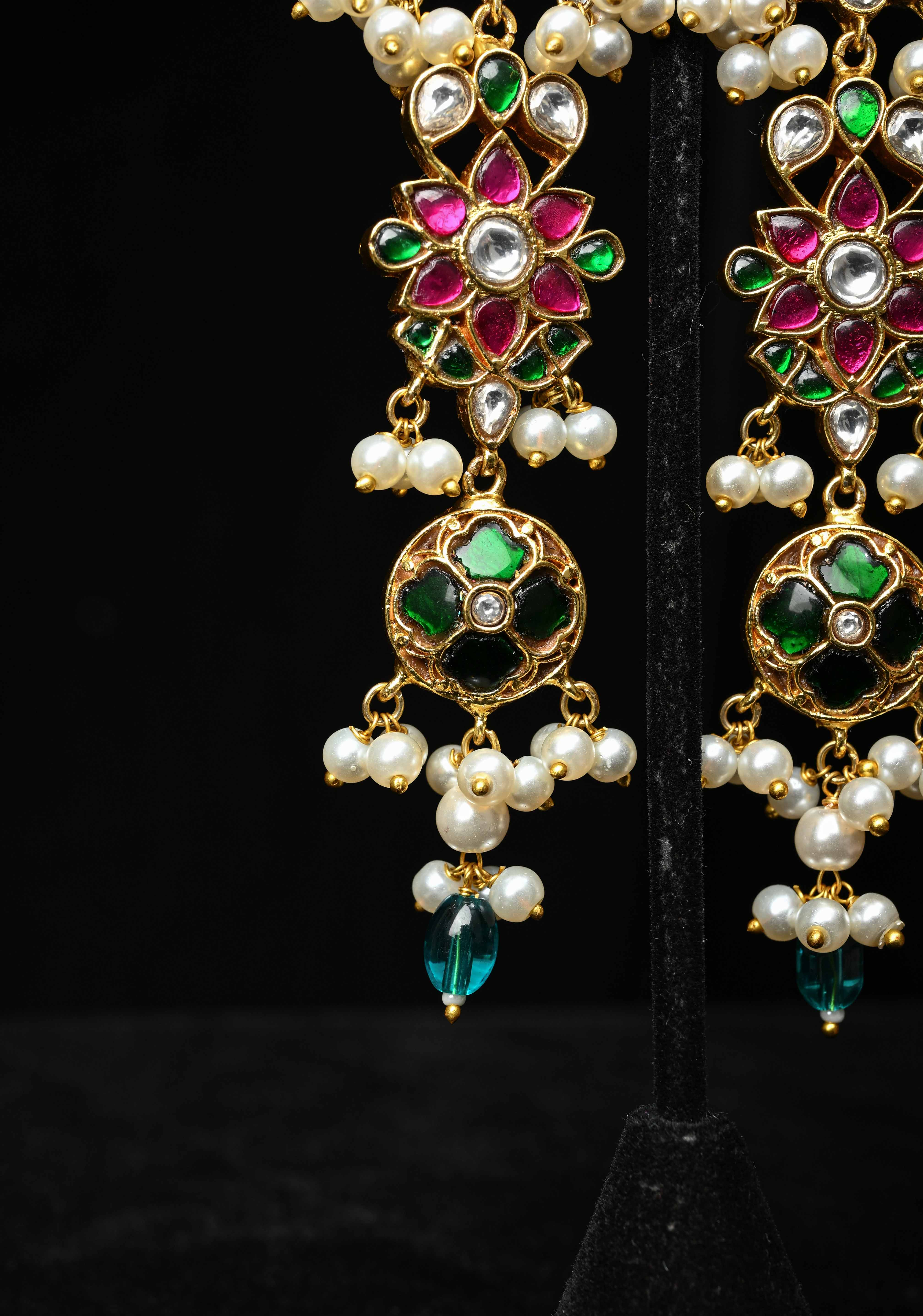 Ahmedabadi Jadau Statement of Intricate Kundan Floral Design Earrings Dangling Pearls | SHOBITAM