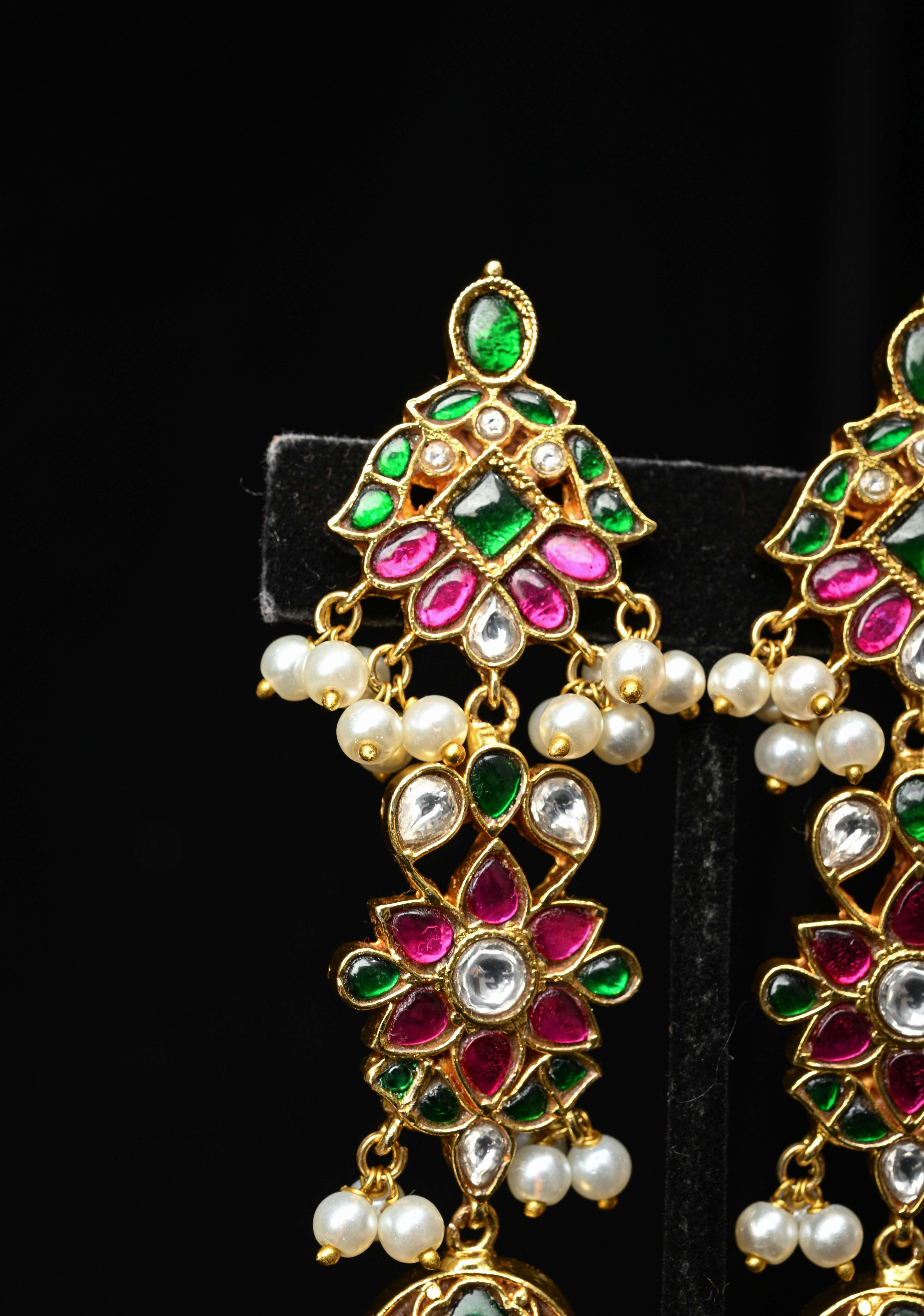 Ahmedabadi Jadau Statement of Intricate Kundan Floral Design Earrings Dangling Pearls | SHOBITAM