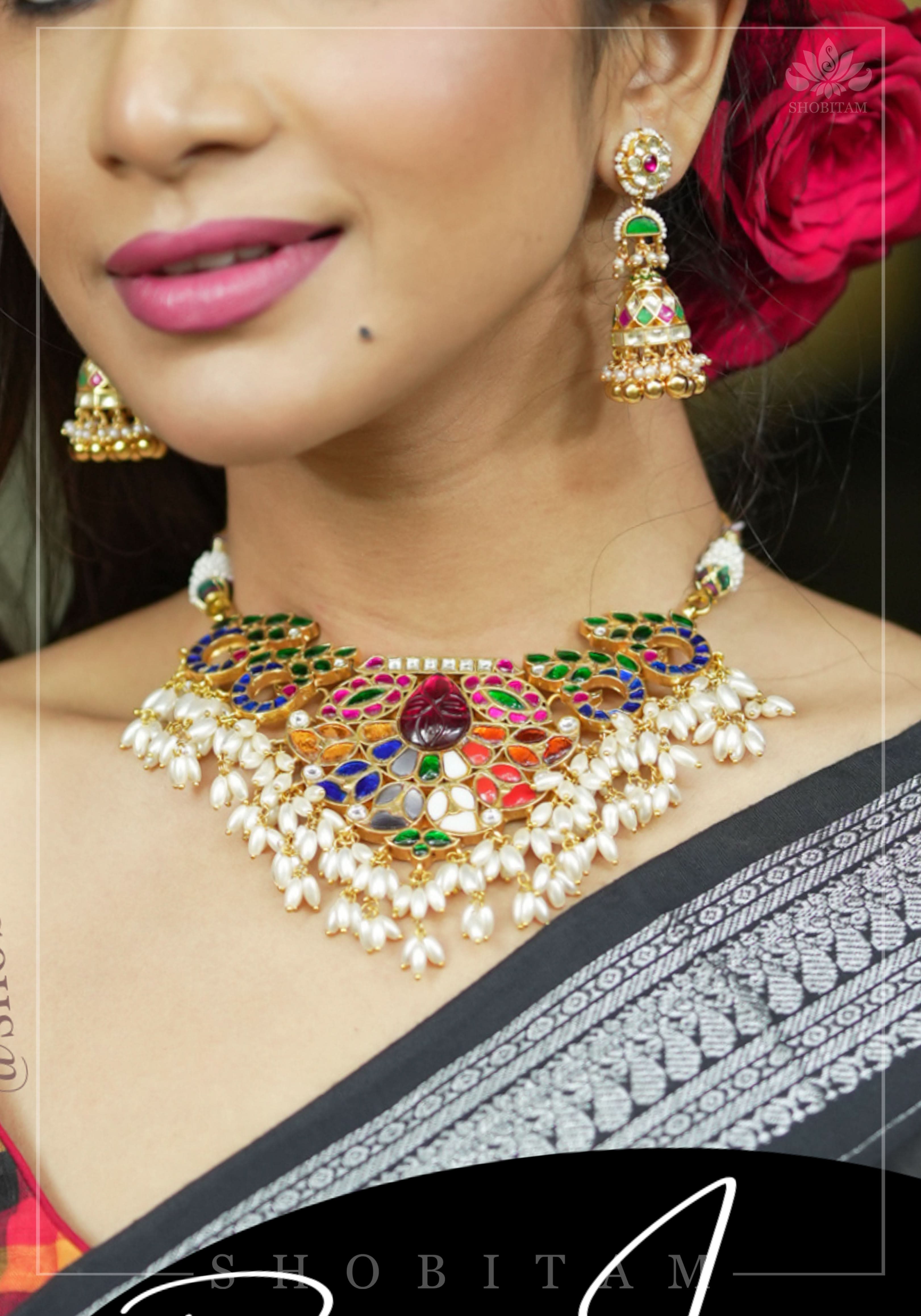 Exquisite Navaratna Vintage Design Necklace with dangling Rice Pearls, NECKLACE ONLY | SHOBITAM