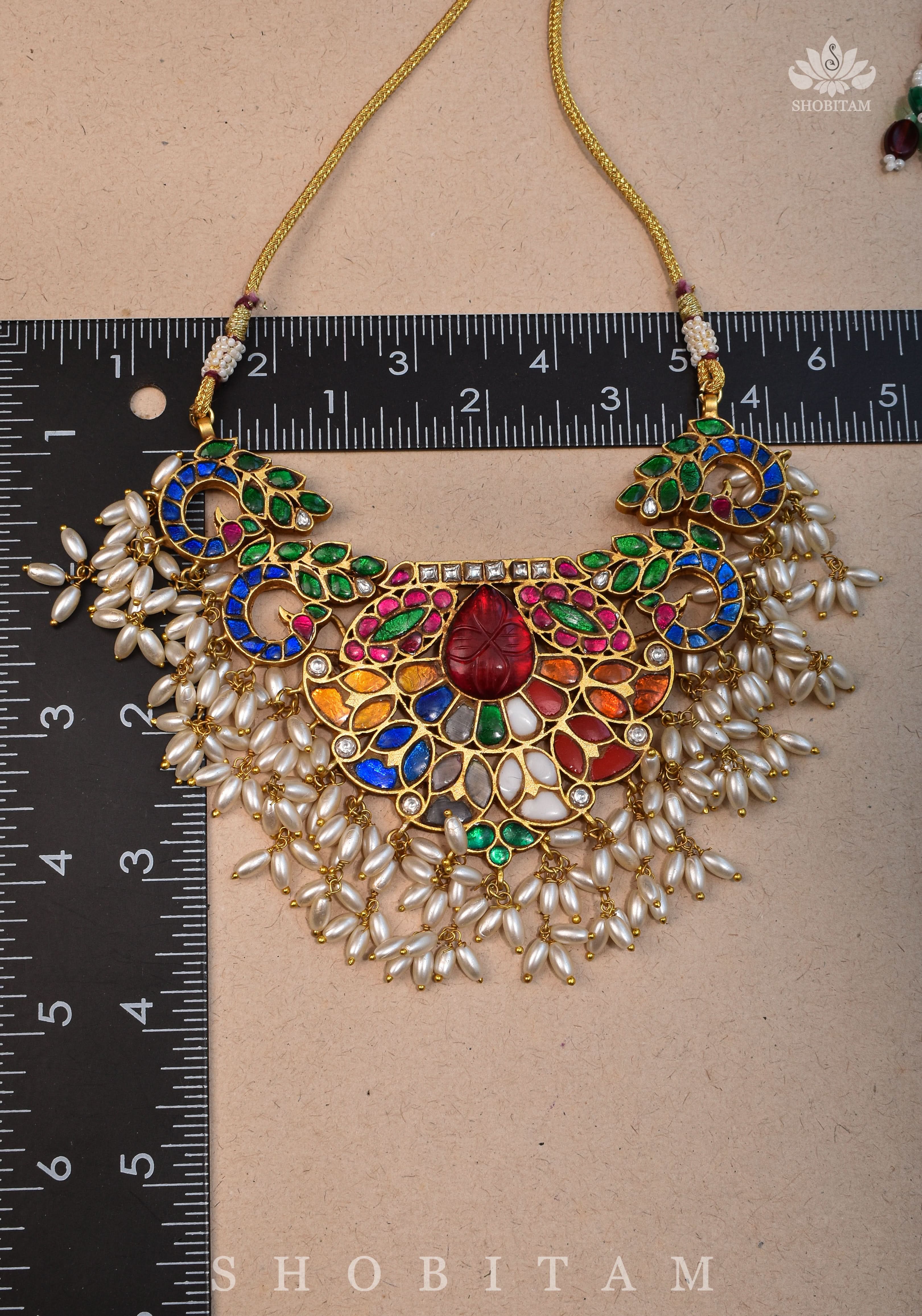 Exquisite Navaratna Vintage Design Necklace with dangling Rice Pearls, NECKLACE ONLY | SHOBITAM