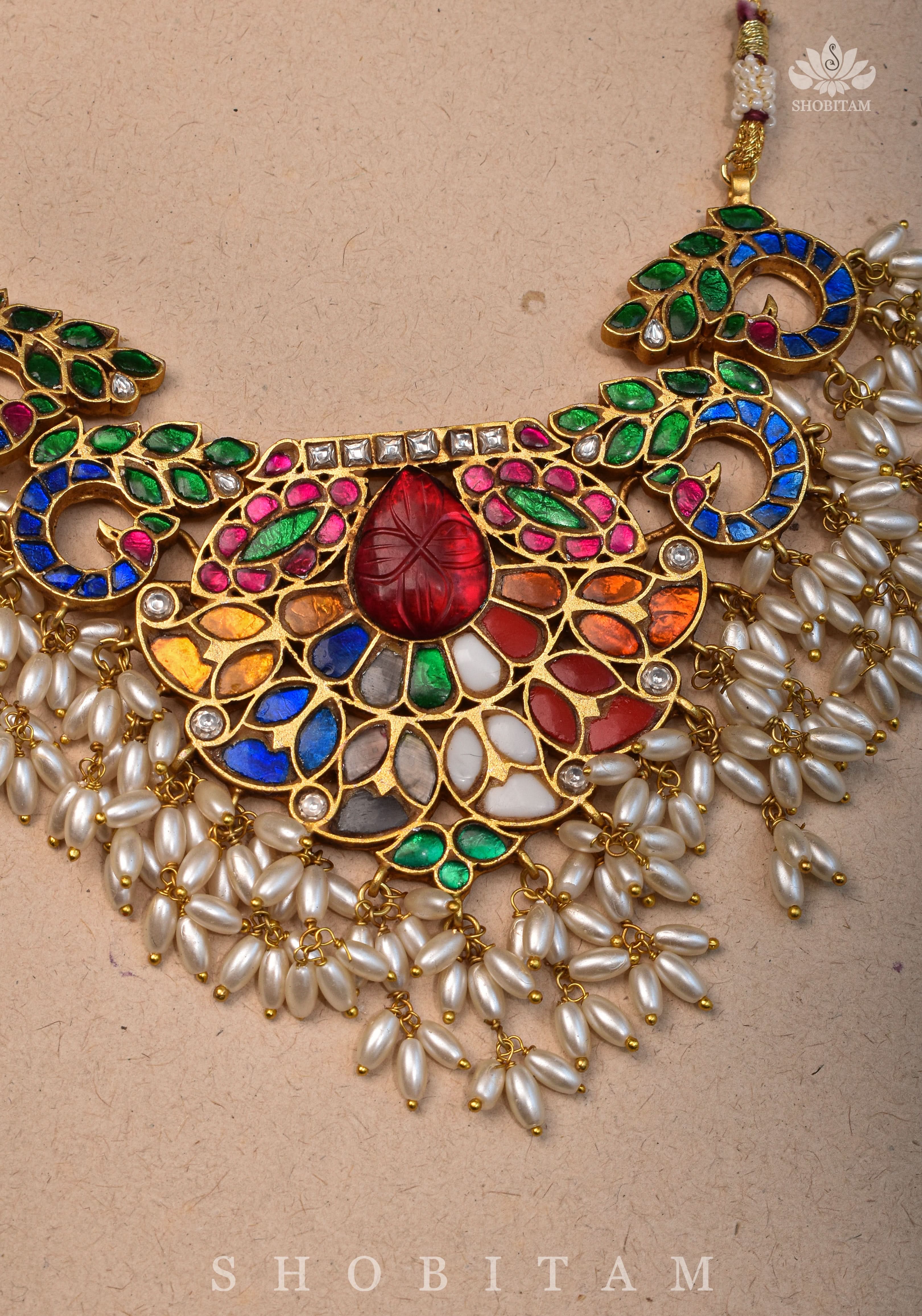Exquisite Navaratna Vintage Design Necklace with dangling Rice Pearls, NECKLACE ONLY | SHOBITAM