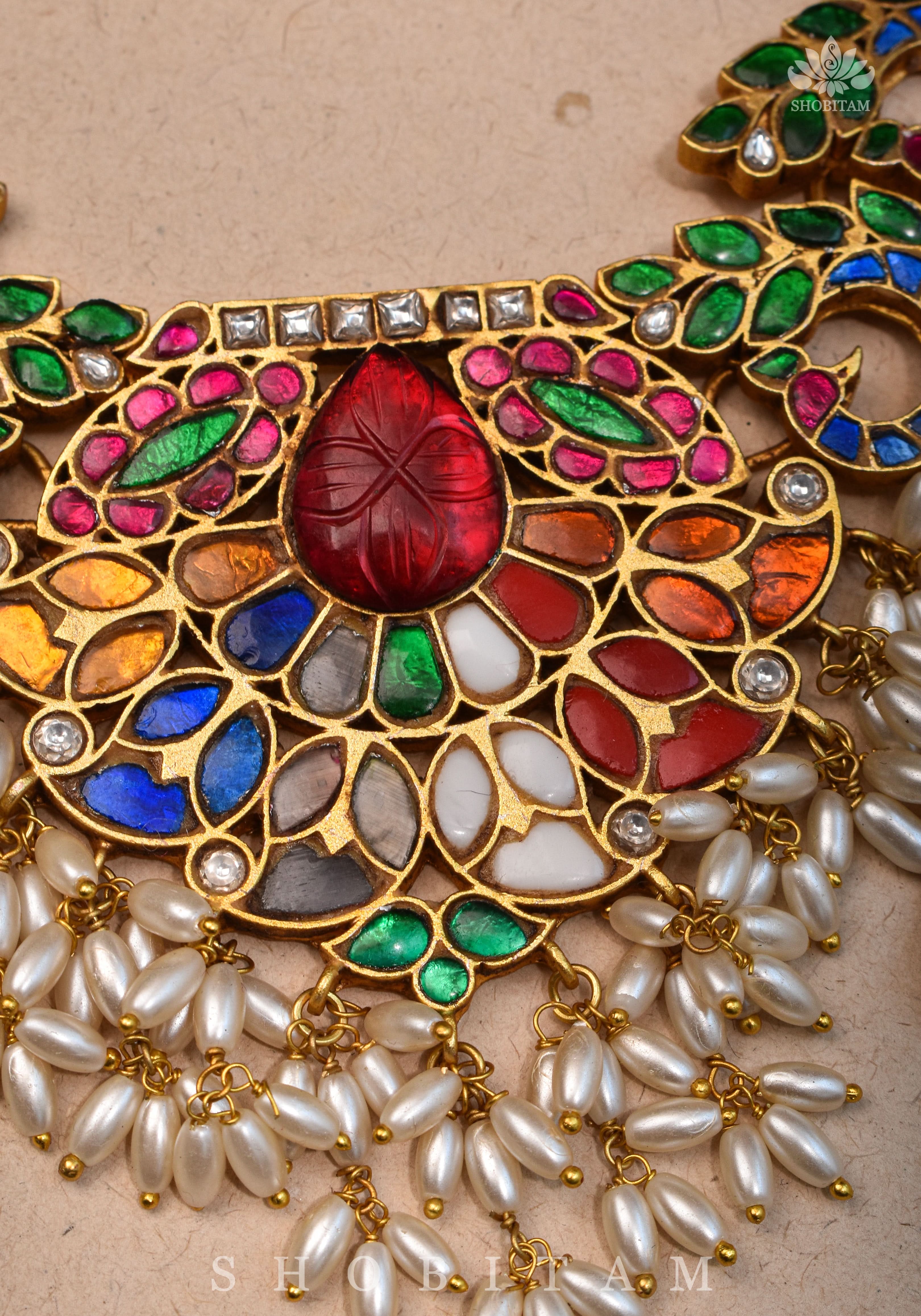 Exquisite Navaratna Vintage Design Necklace with dangling Rice Pearls, NECKLACE ONLY | SHOBITAM