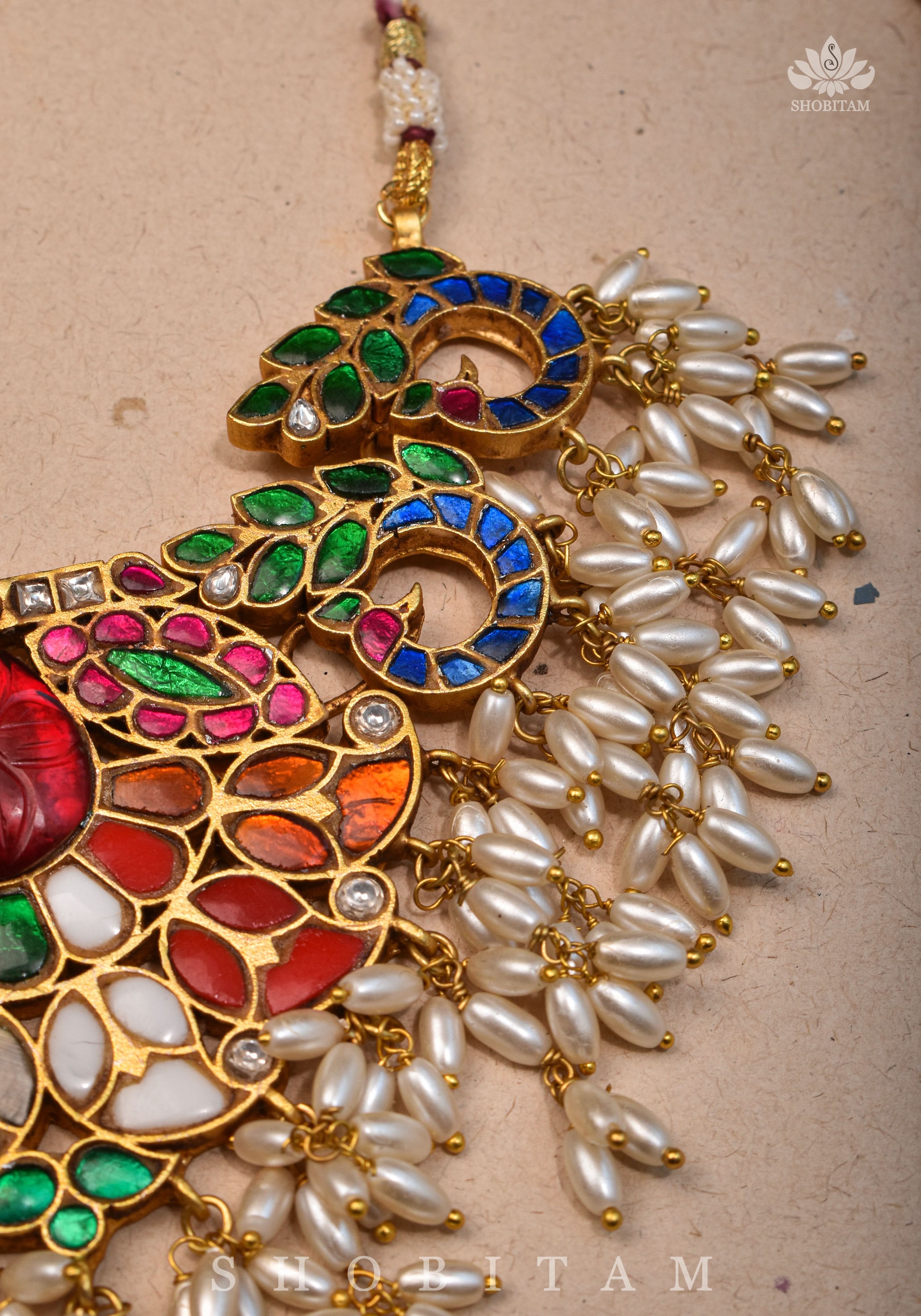 Exquisite Navaratna Vintage Design Necklace with dangling Rice Pearls, NECKLACE ONLY | SHOBITAM