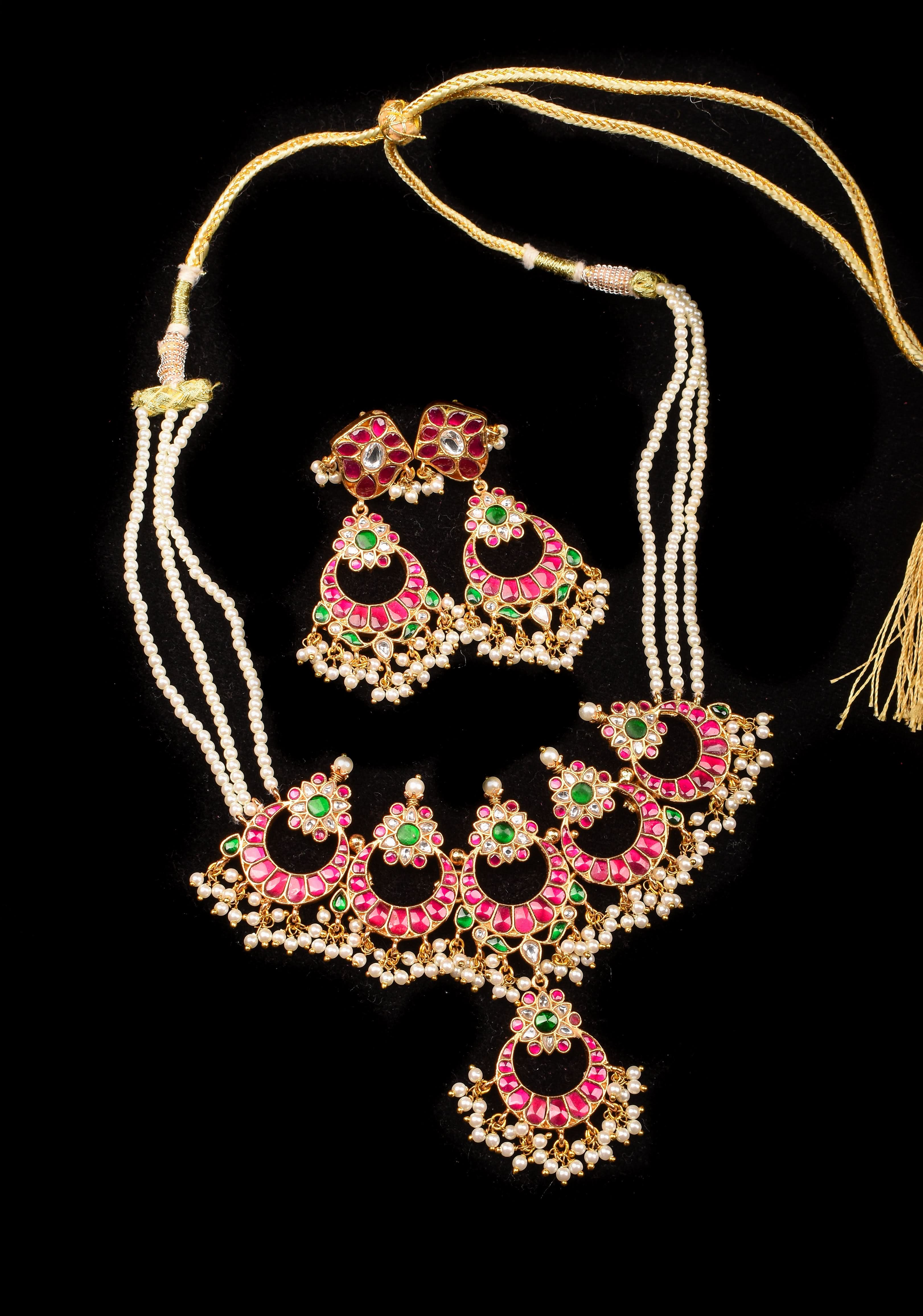 Ahmedabadi kundan Chand Jadau Necklace and Earrings Set | SHOBITAM